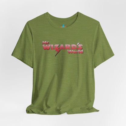 A purple Mr. Wizard's World T-shirt from Printify, featuring bold gradient red and white text with a lightning bolt through the letter "A" in "Wizard." Ideal for science enthusiasts and fans of the iconic 1980s Nickelodeon show, this unisex jersey short sleeve tee is displayed against a plain white background.