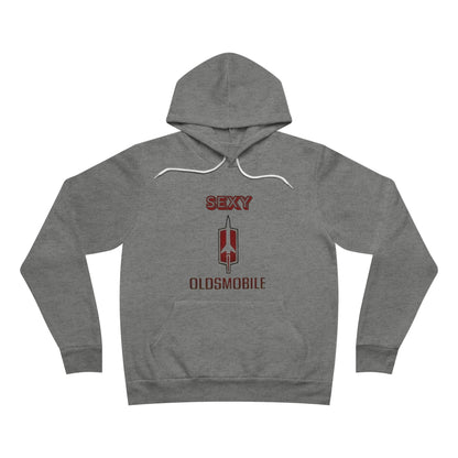 A "Sexy Oldsmobile - Unisex Sponge Fleece Pullover Hoodie" by Printify, displayed flat in gray, features bold red letters with a stylized graphic of the Oldsmobile logo below. Perfect for retro vibes, it includes a white drawstring and front pocket, designed for the muscle car enthusiast.