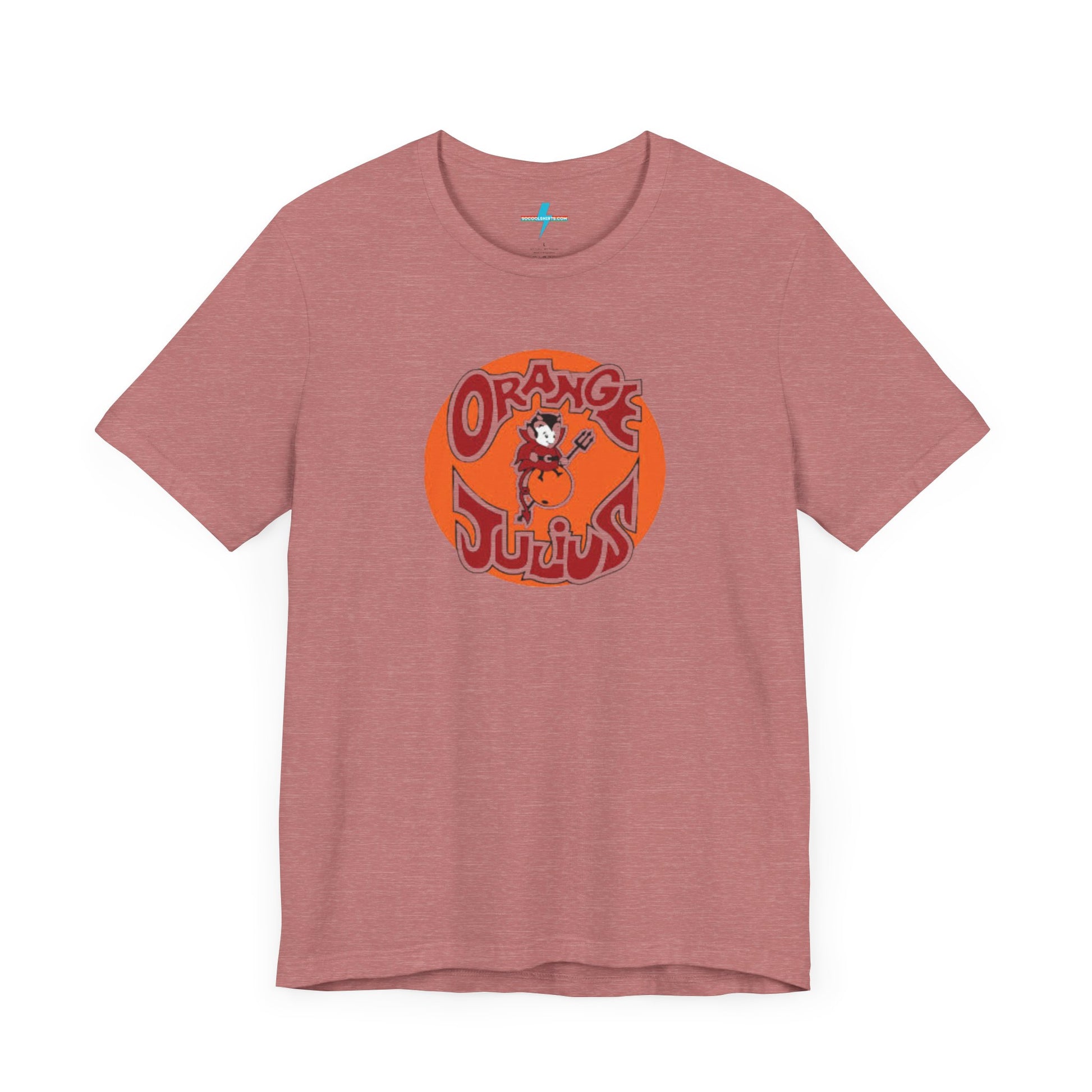 The Orange Julius 1980's Logo Unisex Jersey Style T-Shirt from Printify boasts a light gray color and features a vintage-style graphic. The design showcases the text "Orange Julius" in a stylized font within an orange circle, along with a small cartoon character holding a drink at the center—a nostalgic nod to timeless refreshment.