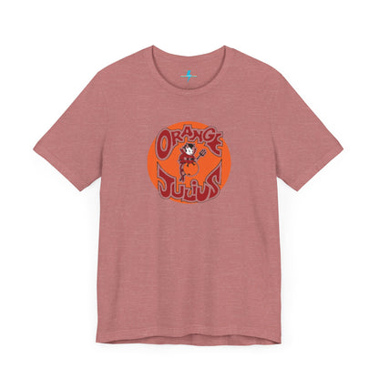 The Orange Julius 1980's Logo Unisex Jersey Style T-Shirt from Printify boasts a light gray color and features a vintage-style graphic. The design showcases the text "Orange Julius" in a stylized font within an orange circle, along with a small cartoon character holding a drink at the center—a nostalgic nod to timeless refreshment.