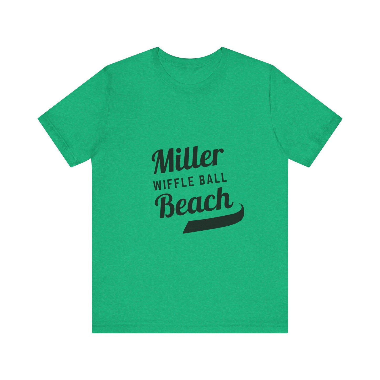 A light blue, soft cotton t-shirt with the text "Miller Beach Wiffel Ball" printed in black on the front. The design features a stylized, curved underline beneath the word "Beach," giving the text a dynamic appearance. This unisex jersey offers a comfortable retail fit for all. Product Name: Miller Beach Wiffel Ball - Unisex Jersey Short Sleeve Tee Retro Logo by Printify.