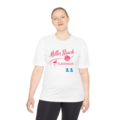 The Miller Beach Flamingos - Poncin 11 Unisex Moisture Wicking Tee by Printify features a beige shirt with "Miller Beach" in pink script, accompanied by a small illustration of a flamingo and volleyball. Below this design, the word "FLAMINGOS" is displayed in pink, with the number "11" appearing in blue near the bottom. Made from Sport-Tek PosiCharge Competitor Tee fabric, this custom moisture-wicking shirt ensures you stay cool and stylish.