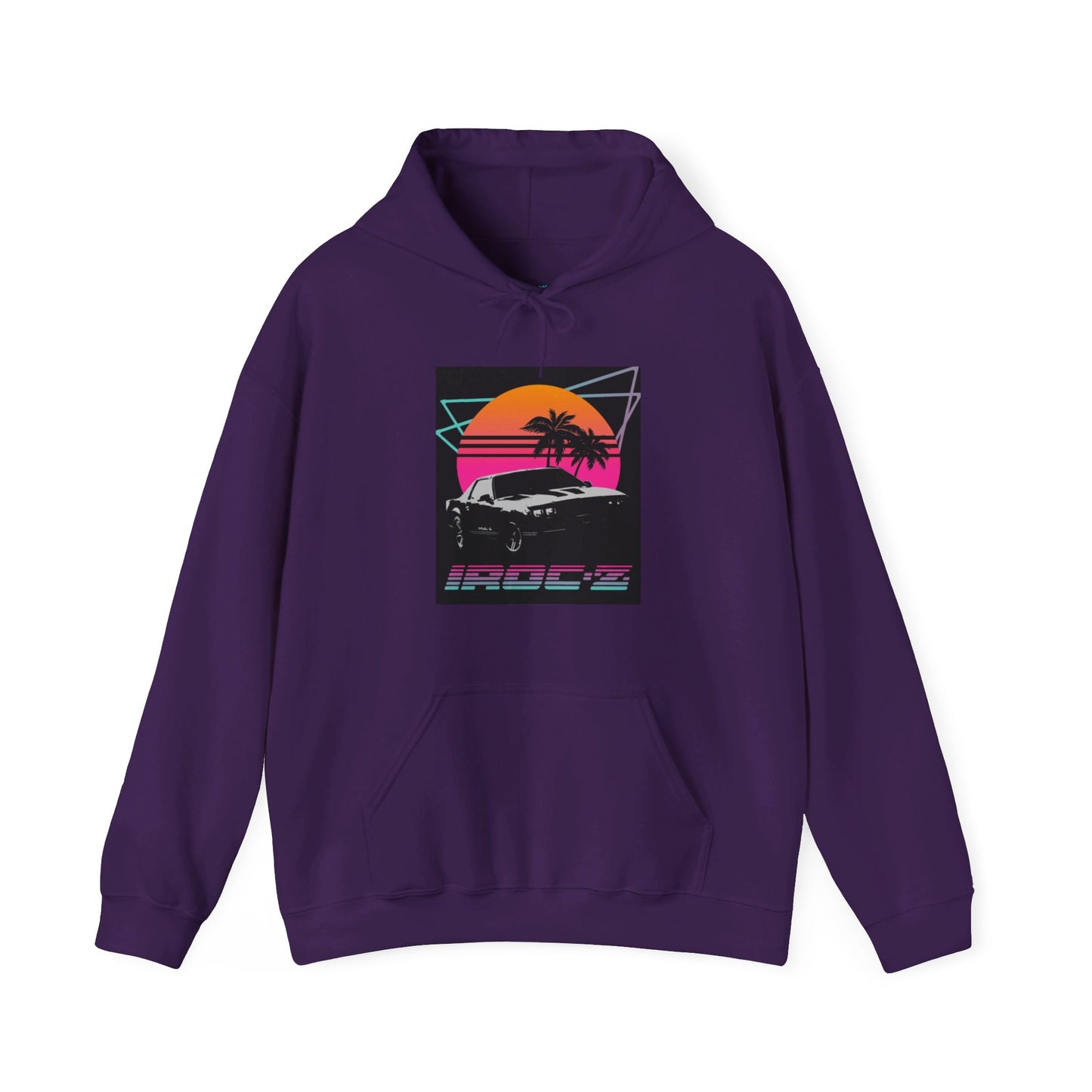 Introducing the Chevrolet IRoc Z28 - 1980s Retro Hoodie by Printify: This vibrant pink hoodie showcases a striking retro design on the front, featuring a classic American muscle car set against an orange and red sunset with palm trees, intersected by geometric shapes. The text "IROCZ" is prominently displayed below the image. Offering a relaxed fit and equipped with a front pocket, this hoodie perfectly captures the essence of 1980s style.