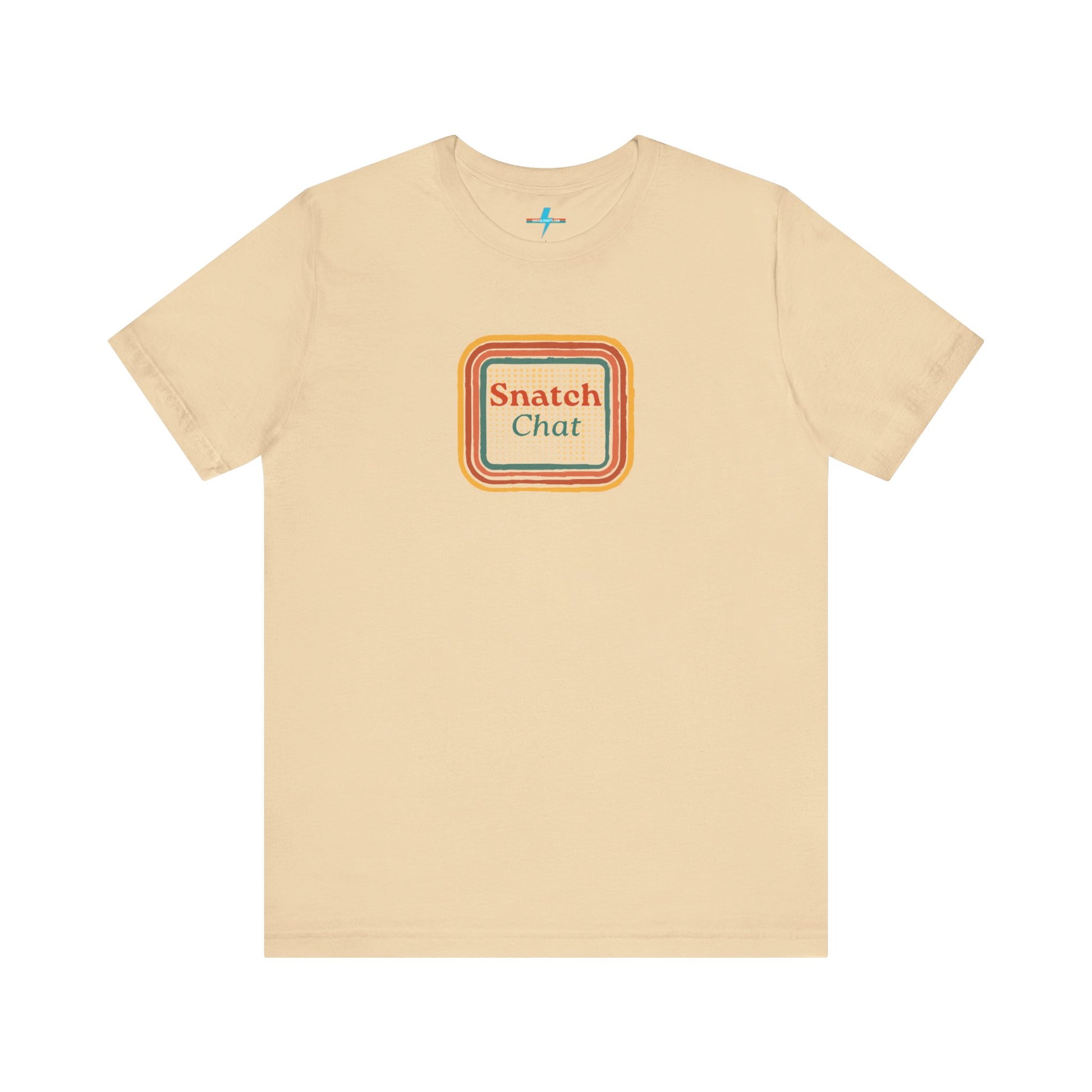 A light brown Snatch Chat - Unisex Jersey Short Sleeve Tee by Printify features the text "Snatch Chat" in the center, enclosed within a square composed of red, orange, yellow, and brown layers. This retro-designed tee is crafted from premium fabric and is showcased against a plain white background.