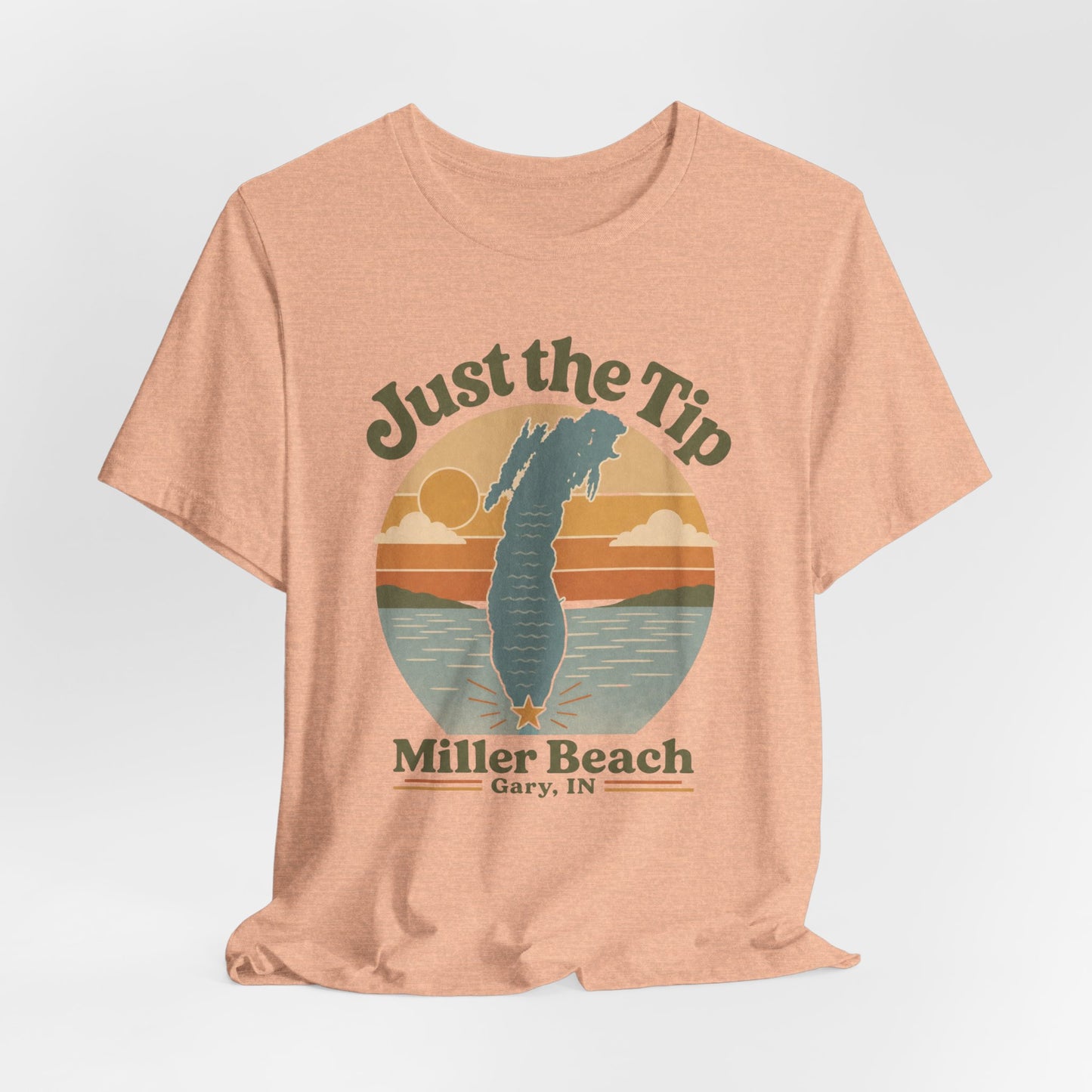 Just the Tip 2026 Design Miller Beach Tee  — Retro Lake Michigan Sunset T‑Shirt