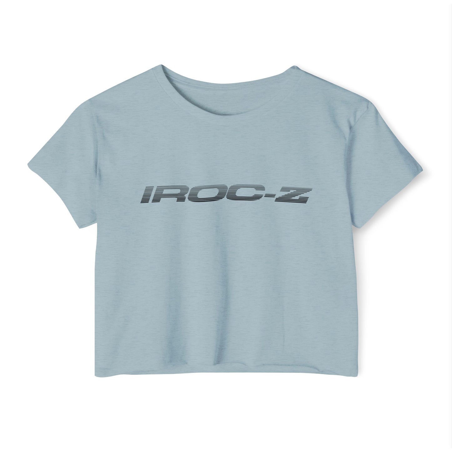 A grey, short-sleeve, rounded-neckline Women's Festival Crop Top by Printify, featuring "IROC-Z" printed in bold black letters across the chest. Perfect for any festival, this Chevrolet Iroc Z-inspired top from the 1980s stands out against a plain white background.