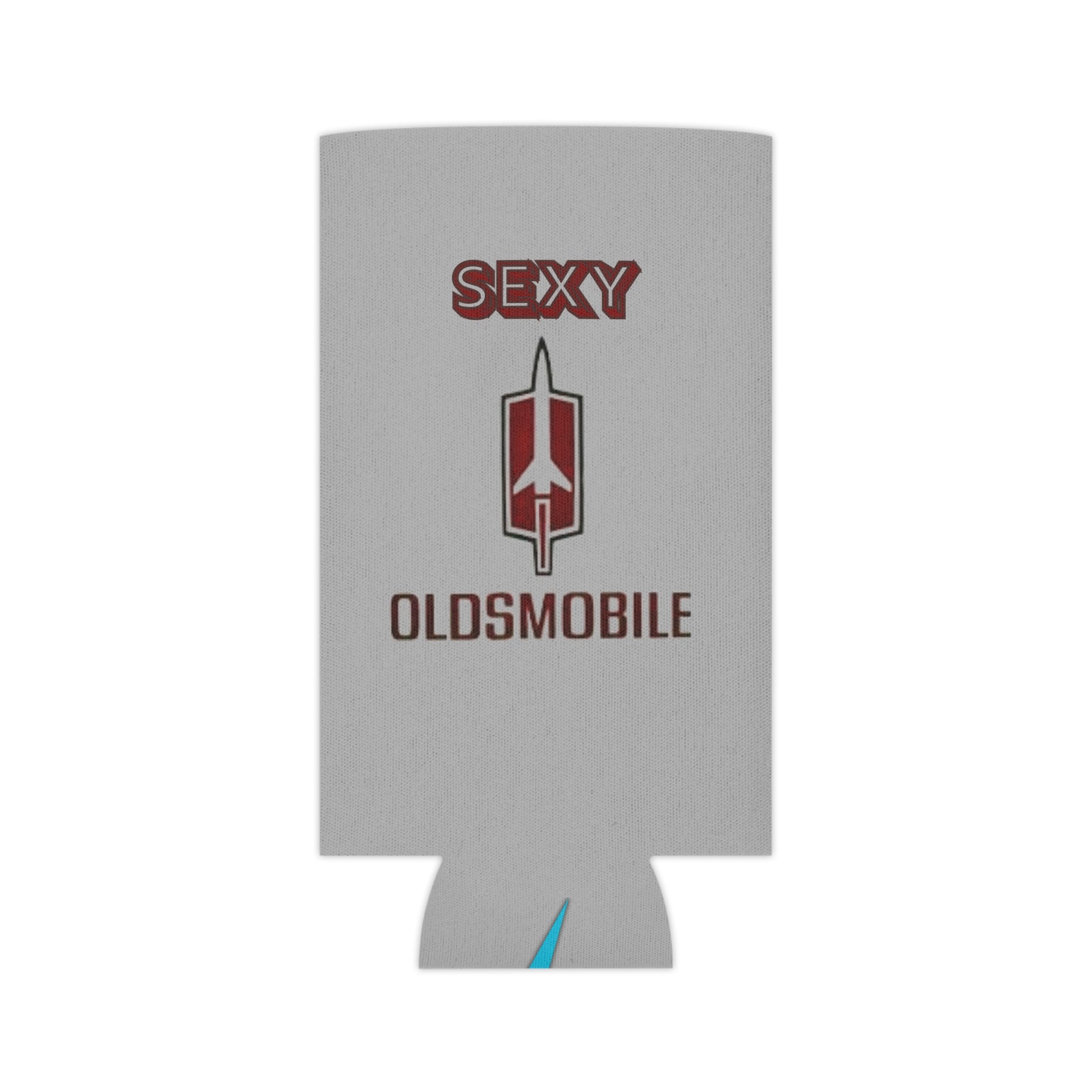 The Sexy Oldsmobile Koozie by Printify features "SEXY" in red at the top on a gray background, followed by the Oldsmobile logo and the word "OLDSMOBILE" below it. At the bottom, there's a blue and red logo reading "SOCOOLSHIRTS.COM." This koozie has an indentation designed to hold a can securely.