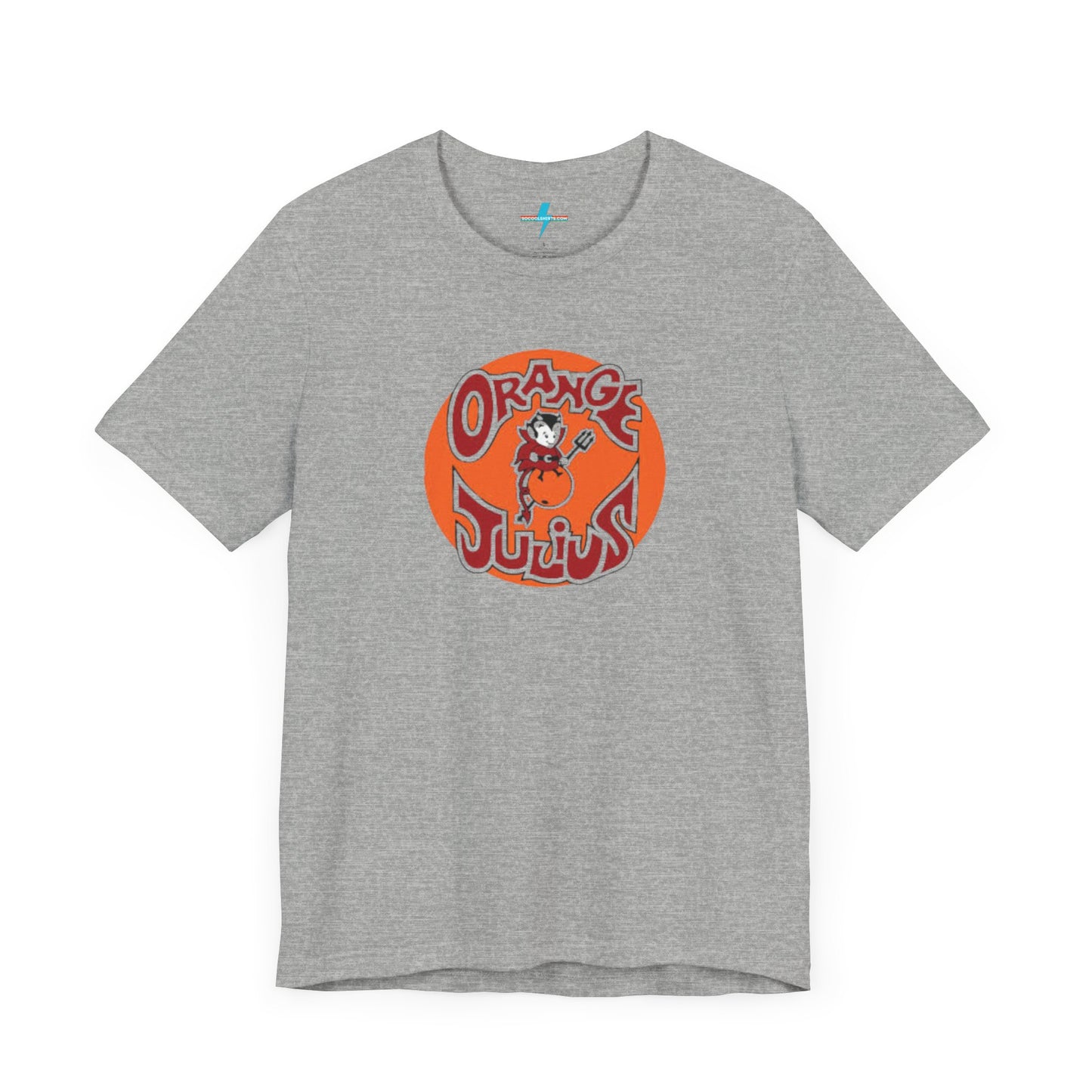 The Orange Julius 1980's Logo Unisex Jersey Style T-Shirt from Printify boasts a light gray color and features a vintage-style graphic. The design showcases the text "Orange Julius" in a stylized font within an orange circle, along with a small cartoon character holding a drink at the center—a nostalgic nod to timeless refreshment.