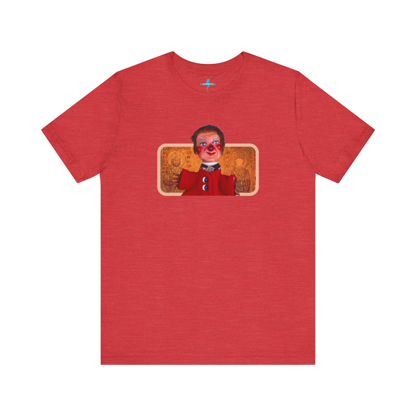 The rust-colored Printify Lady Elaine - Mr. Rogers Unisex Jersey Short Sleeve Tee features a detailed image of the Lady Elaine puppet, dressed in a red outfit with a painted face, set against an intricate artistic backdrop. The centrally positioned puppet and vivid colors create a striking contrast against the muted tone of the shirt, evoking nostalgic memories of Mr. Rogers' Neighborhood.