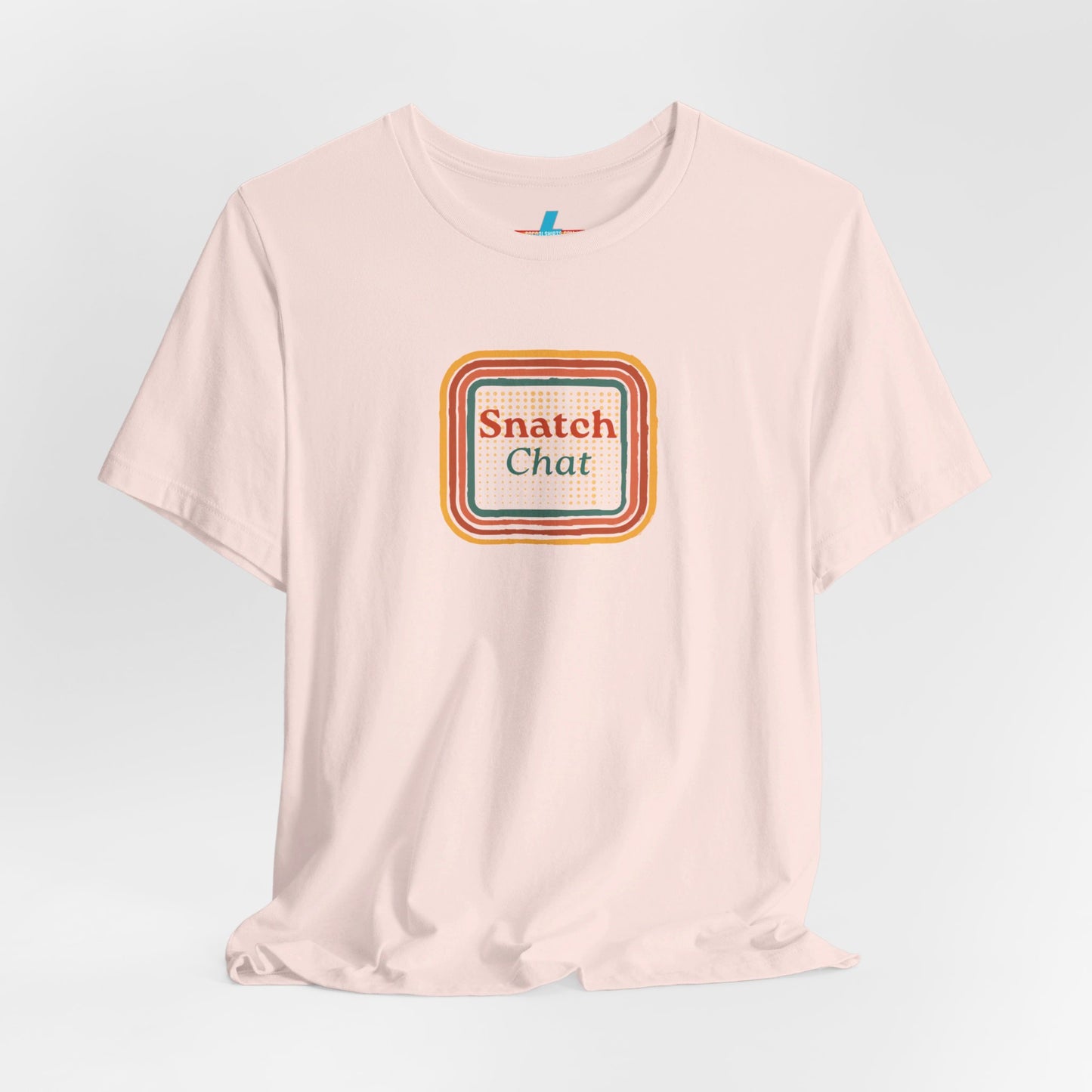 A light brown Snatch Chat - Unisex Jersey Short Sleeve Tee by Printify features the text "Snatch Chat" in the center, enclosed within a square composed of red, orange, yellow, and brown layers. This retro-designed tee is crafted from premium fabric and is showcased against a plain white background.