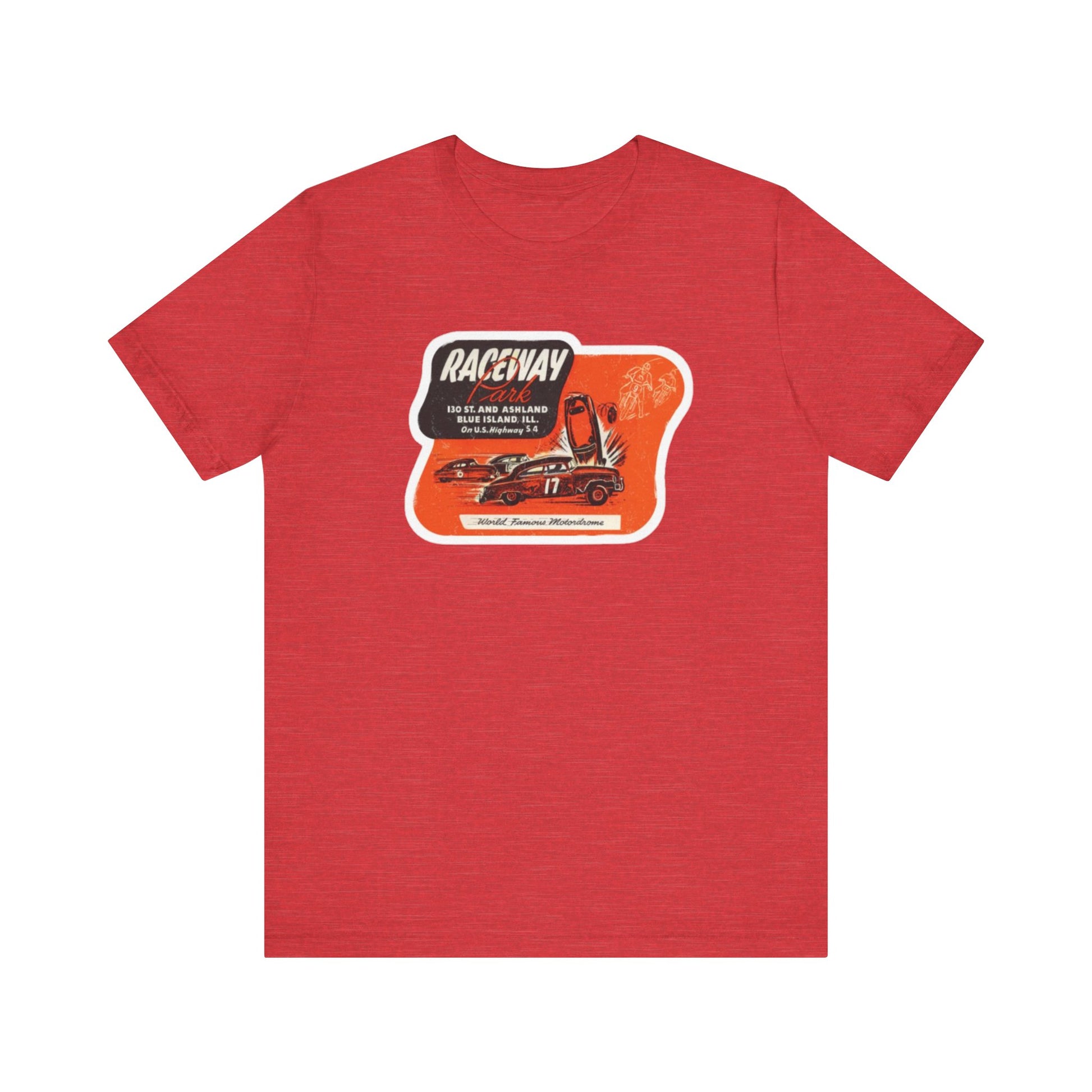 The 1970's Raceway Park - Blue Island, IL - Unisex Jersey Short Sleeve Tee by Printify is a light gray T-shirt featuring a graphic with a red background, an illustration of a race car labeled "17," and text reading "RACEWAY" and "As Seen On." The vintage-inspired design offers a nostalgic nod to classic car enthusiasts, reminiscent of the '70s racing era. The shirt is displayed against a plain background.