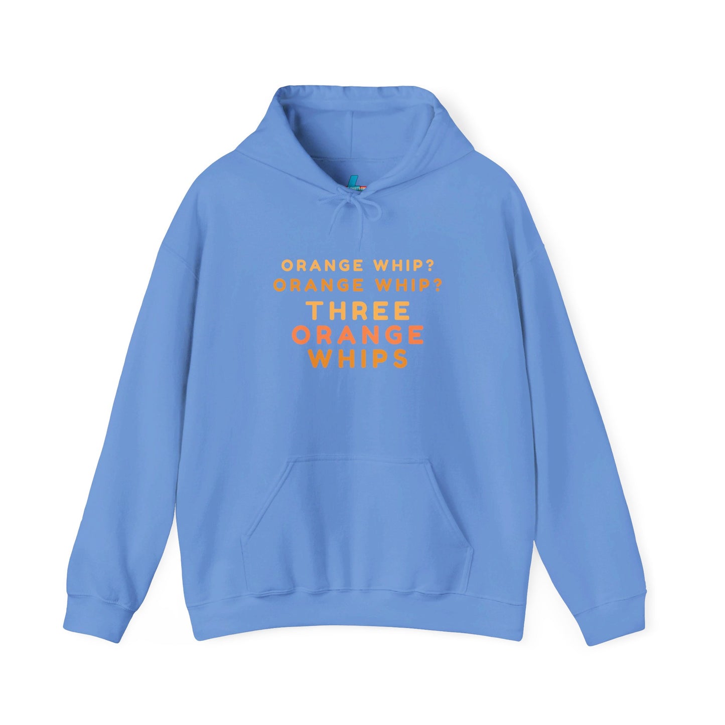 The Three Orange Whips - Blues Brothers - Unisex Heavy Blend™ Hoodie by Printify is designed in navy blue with the text "ORANGE WHIP? ORANGE WHIP? THREE ORANGE WHIPS" printed on the front in orange and yellow letters, inspired by *The Blues Brothers*. This hoodie features a front pocket and an adjustable drawstring hood.