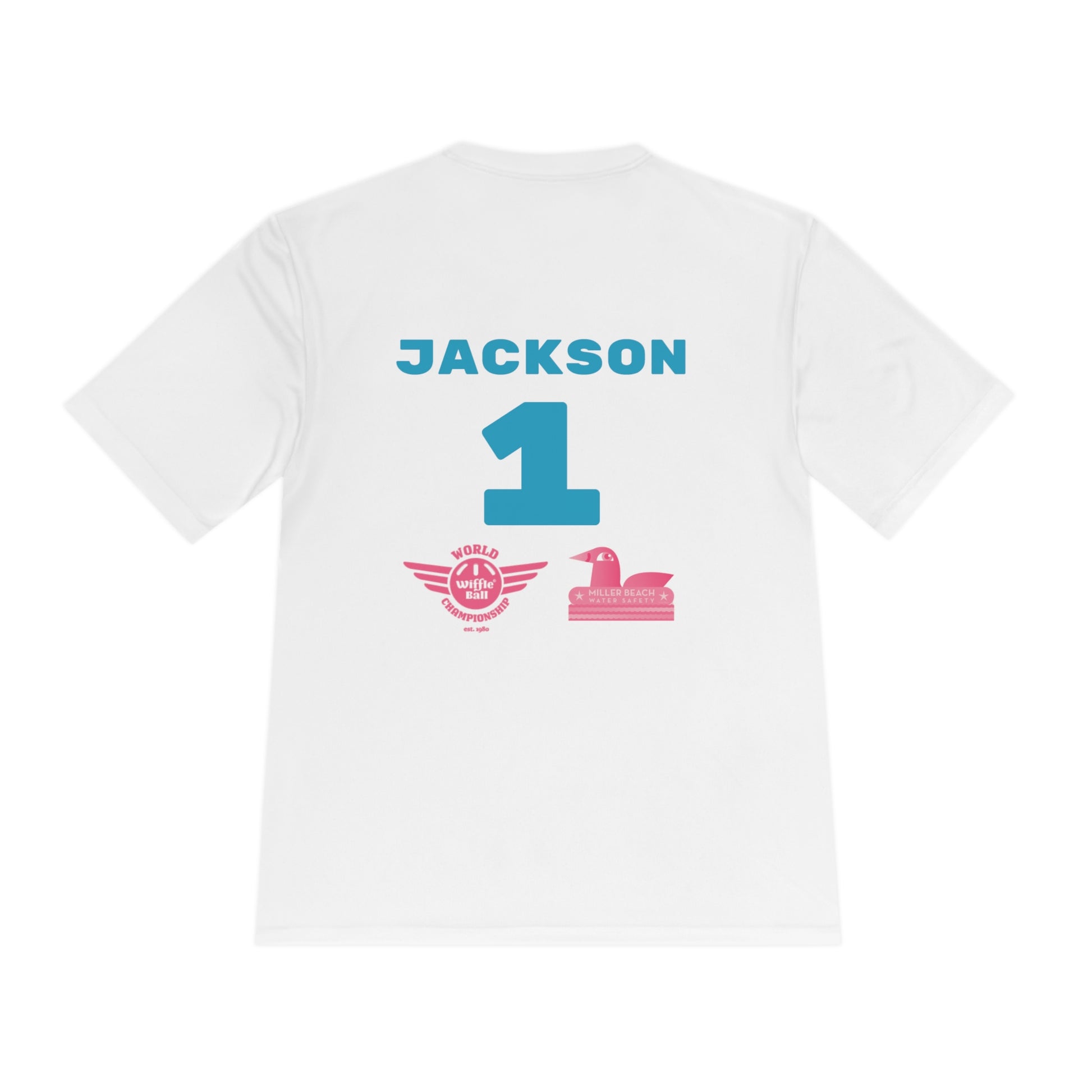 Introducing the "Miller Beach Flamingos - Jackson 01" Unisex Moisture Wicking Tee by Printify. This beige T-shirt showcases "Miller Beach" in a pink cursive font accompanied by a small pink flamingo illustration. Below, "FLAMINGOS" is displayed in bold pink capital letters, with a blue "01" on the bottom right corner. As part of the Sport-Tek PosiCharge Competitor collection, this lightweight shirt provides superior moisture-wicking performance.