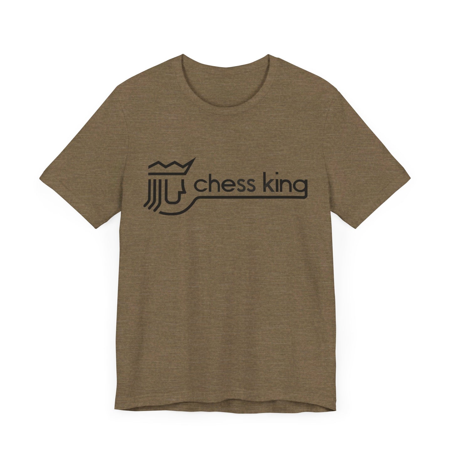 A unisex jersey short sleeve tee from Printify, featuring the Chess King 1980's Clothing Store Logo with a black, stylized king chess piece and the words "Chess King" on a blue background, reminiscent of retro 80s fashion.