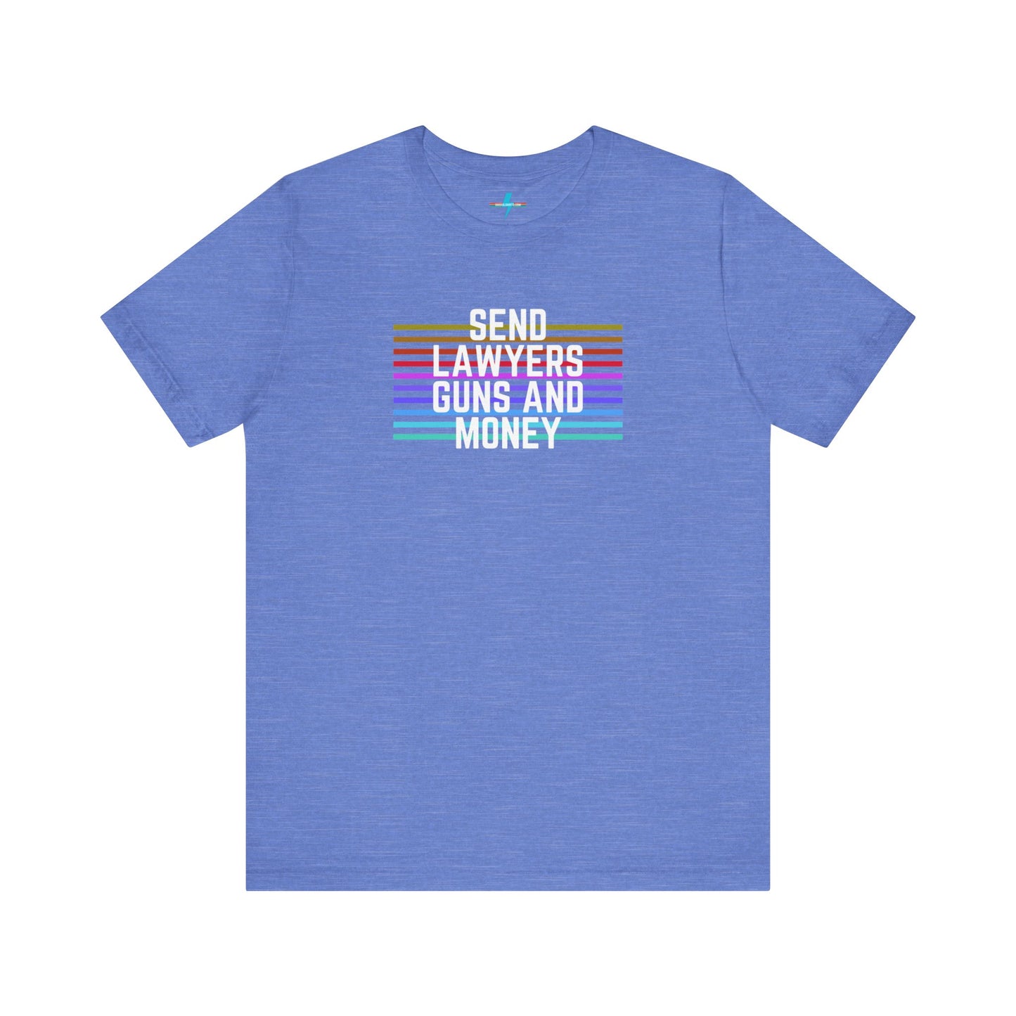 A folded Send Lawyers, Guns, and Money - Retro - Unisex Jersey Short Sleeve Tee by Printify, featuring colorful horizontal stripes and bold white text reading "SEND LAWYERS GUNS AND MONEY" in the center, as a classy tribute to Warren Zevon.