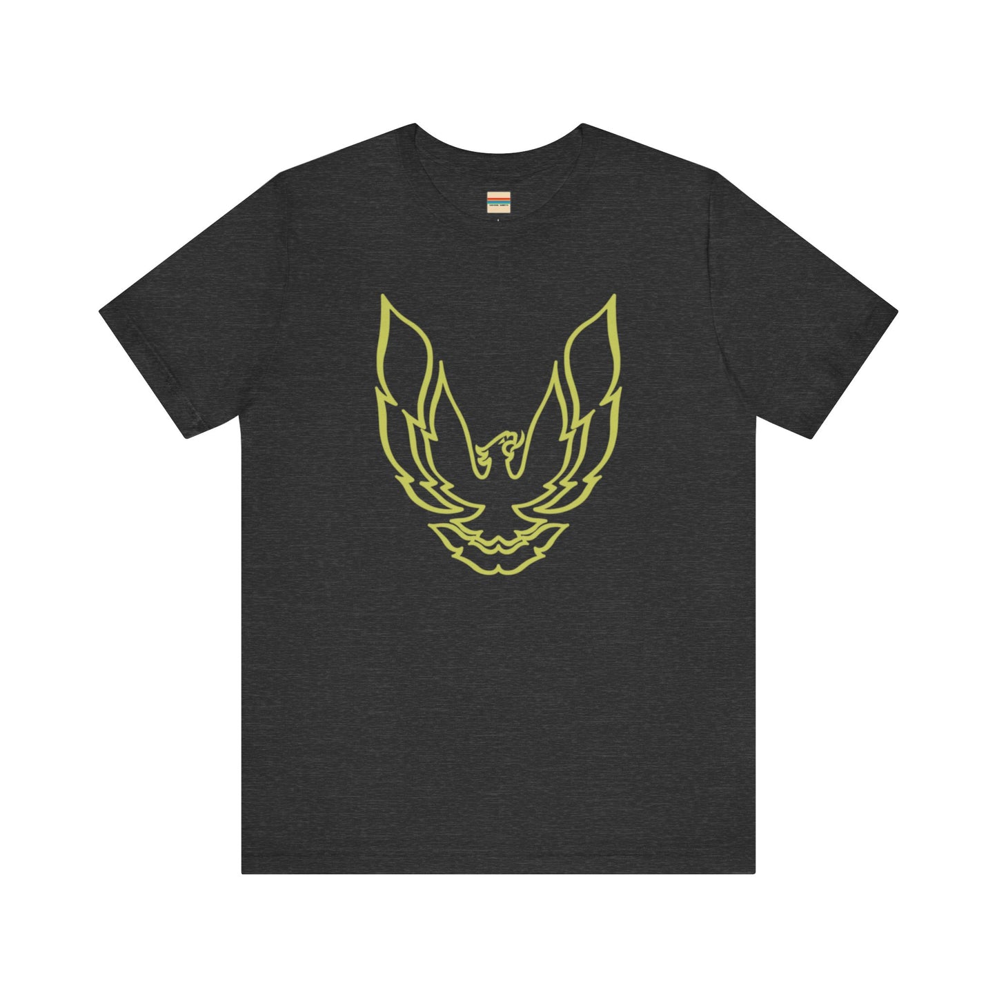 The Pontiac Trans Am Phoenix Shirt - Unisex Jersey Short Sleeve Tee by Printify is a classic black T-shirt that showcases a stylized yellow phoenix design on the front, reminiscent of the iconic Pontiac Trans Am. The shirt is displayed laid flat against a white background.