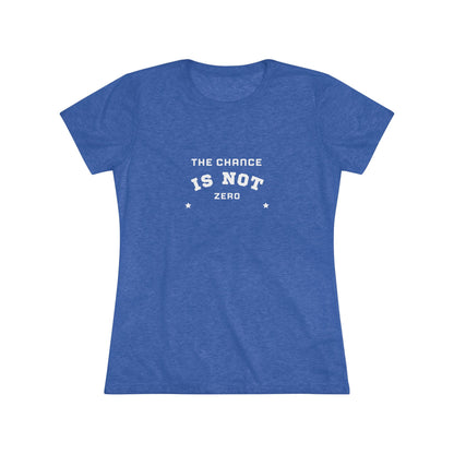 Printify's dark gray "The Chance is Not Zero - Women's Triblend Tee," made from a premium triple fabric blend, showcases inspiring text in white on the front, flanked by two small stars. It’s perfect as a daily motivational reminder.