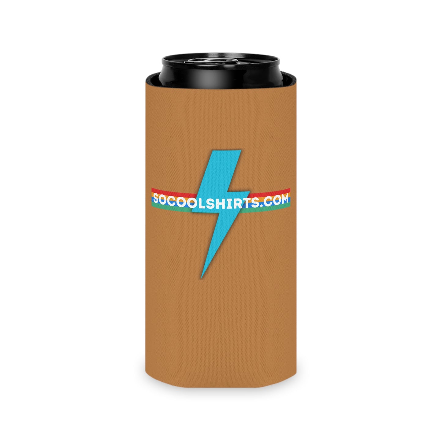 The SoCool Shirts - Koozie by Printify exudes a retro-inspired flair with its brown color and blue lightning bolt design. The website URL "SOCOOLSHIRTS.COM" stands out prominently across the middle and bottom, accentuated by yellow and red stripes.