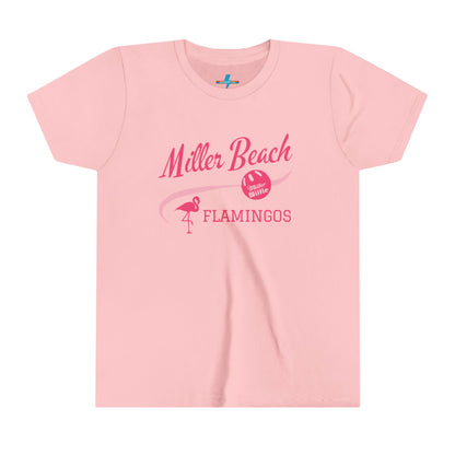 The Printify Miller Beach Flamingos WWBC - Youth Short Sleeve Tee is a fun, beach-themed pink T-shirt featuring "Miller Beach Flamingos" in bold pink script at the top. It includes a flamingo graphic on the left with the text "FLAMINGOS," and a pink beach ball on the right with "Oh What Fun!" written inside. Perfect for youthful custom wear.