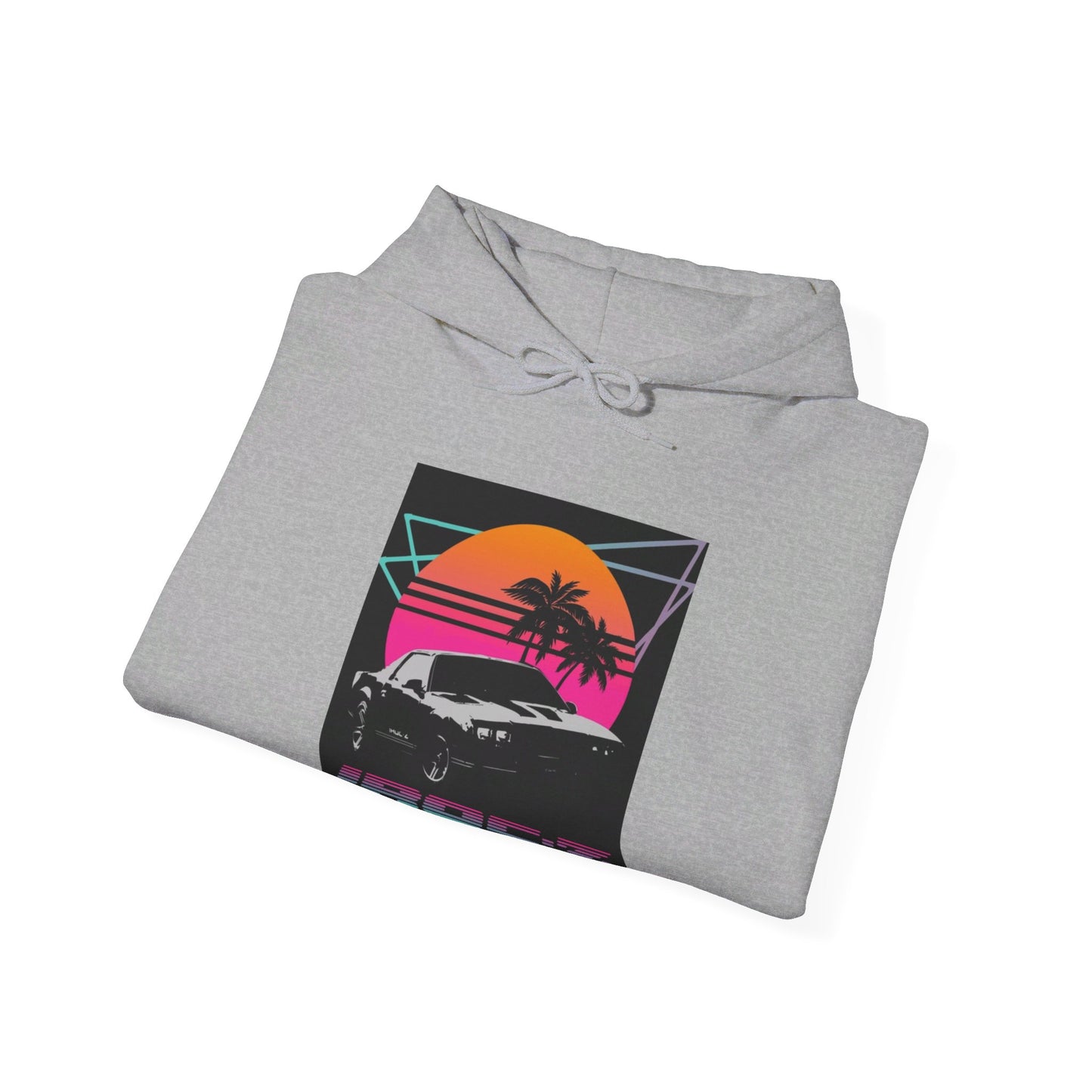 Introducing the Chevrolet IRoc Z28 - 1980s Retro Hoodie by Printify: This vibrant pink hoodie showcases a striking retro design on the front, featuring a classic American muscle car set against an orange and red sunset with palm trees, intersected by geometric shapes. The text "IROCZ" is prominently displayed below the image. Offering a relaxed fit and equipped with a front pocket, this hoodie perfectly captures the essence of 1980s style.