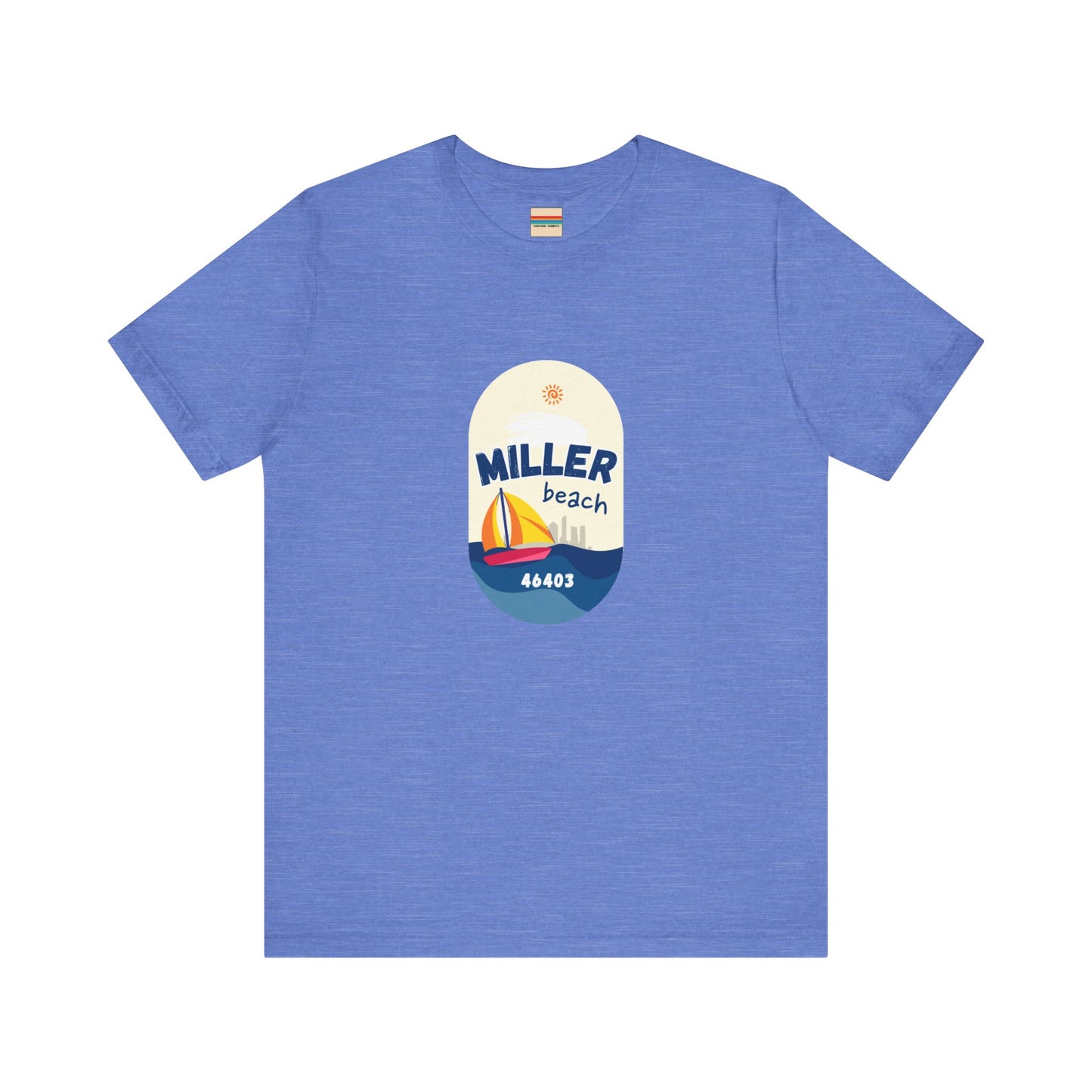 The Miller Beach Sailboat - Unisex Jersey Short Sleeve Tee by Printify features a vibrant graphic design portraying a sailboat on water with a sun above it and the text "MILLER beach 46403." This white retail fit shirt is crafted from soft Airlume combed cotton and showcases rounded graphics in blue, orange, and yellow.