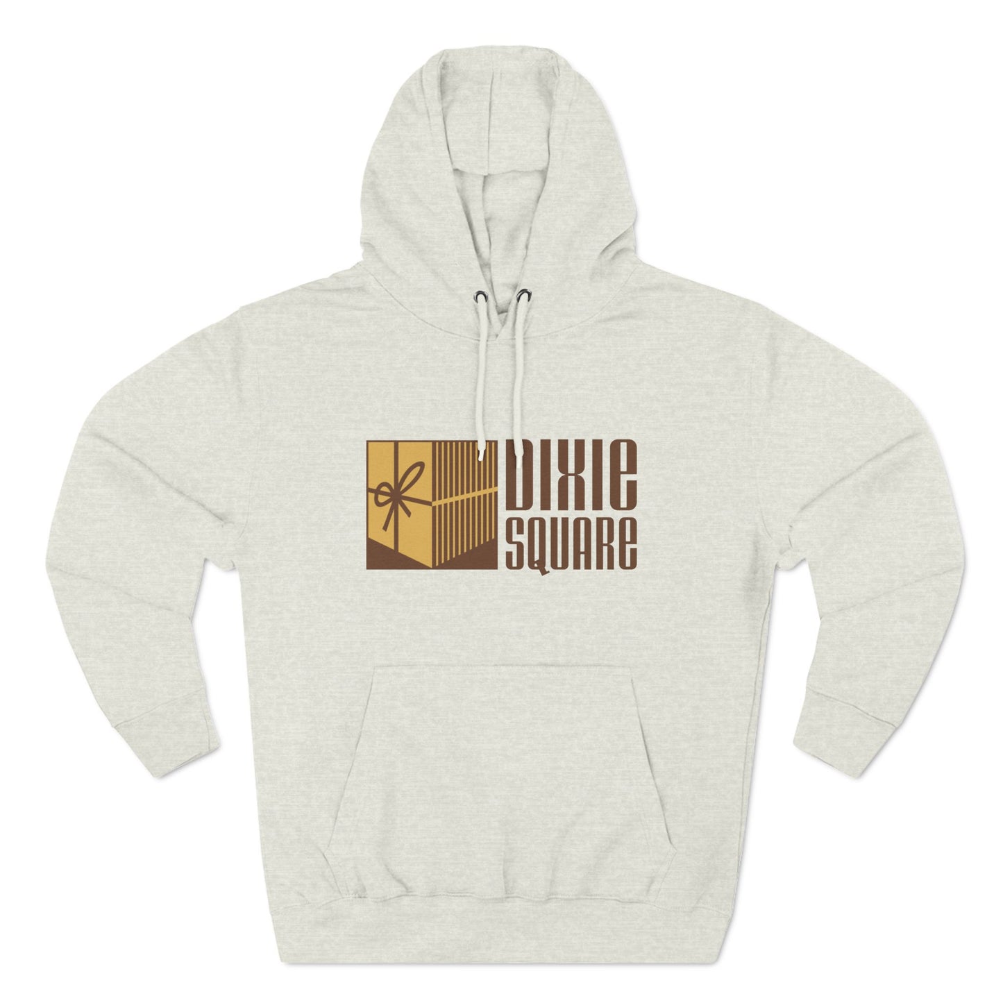 A black hoodie from Printify, named "Dixie Square 1960s Logo - Harvey, IL - Three-Panel Fleece Hoodie," featuring the words "Dixie Square" in brown stylized block letters on the front. Embracing a retro charm, the design also includes a graphic of a gold-colored square with a scissors icon and vertical lines, reminiscent of Dixie Square Mall's heyday.