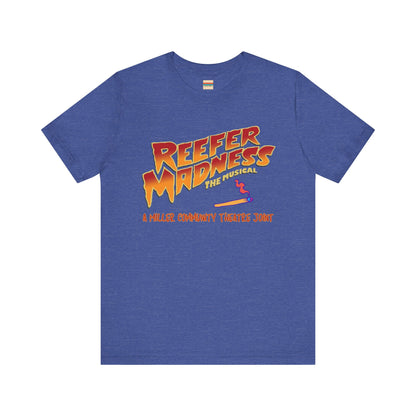 The Miller Community Theatre - Reefer Madness Cast and Crew Shirt by Printify showcases a vibrant design featuring bold, colorful text that reads "Reefer Madness The Musical" with a cartoon joint illustration. Below the main text, "A Miller Community Theatre Joint" is highlighted in red. This limited-edition green t-shirt, with its centered design, is perfect for cast and crew members.