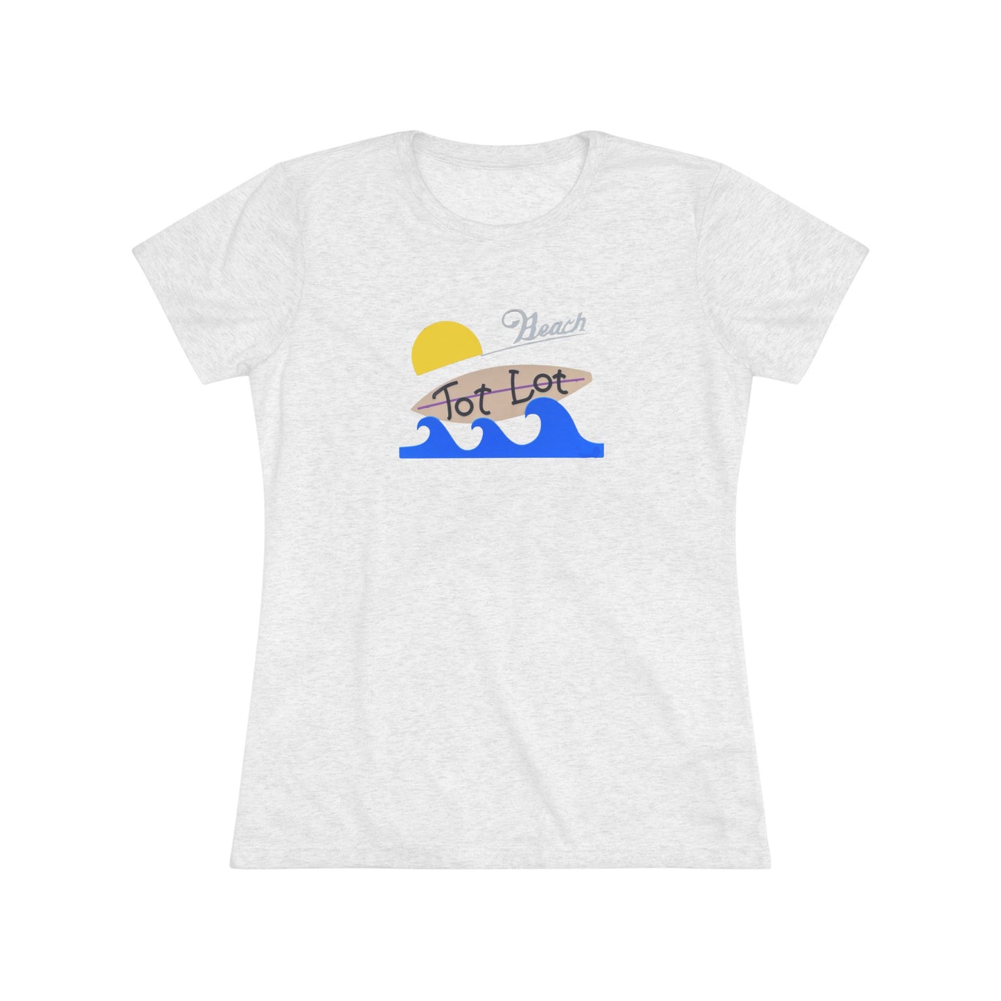 Introducing the Tot Lot Full Sign - Miller Beach - Women's Triblend Tee by Printify! This stylish gray t-shirt features a vintage-inspired design showcasing a setting sun, a surging blue wave, and the phrase "Miller Beach Tot Lot" in eye-catching stylized fonts. Perfect for any casual outing, this beach-themed top exudes a playful and trendy vibe.