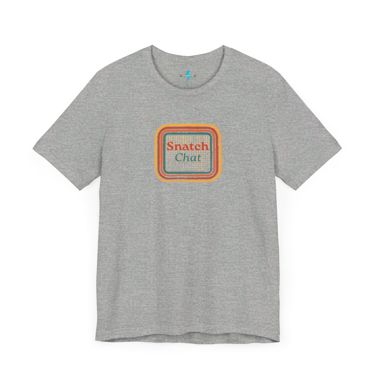 A light brown Snatch Chat - Unisex Jersey Short Sleeve Tee by Printify features the text "Snatch Chat" in the center, enclosed within a square composed of red, orange, yellow, and brown layers. This retro-designed tee is crafted from premium fabric and is showcased against a plain white background.