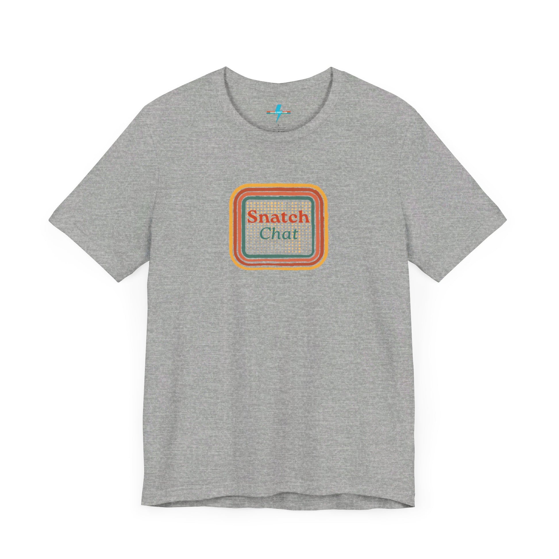 A light brown Snatch Chat - Unisex Jersey Short Sleeve Tee by Printify features the text "Snatch Chat" in the center, enclosed within a square composed of red, orange, yellow, and brown layers. This retro-designed tee is crafted from premium fabric and is showcased against a plain white background.