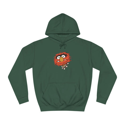 This comfy unisex college hoodie by Printify showcases a vibrant design of a cartoon character with wild orange hair, bulging eyes, and a broad grin on the front, embodying that lively spirit. It's like wearing the Animal - The Muppets hoodie without sacrificing comfort.