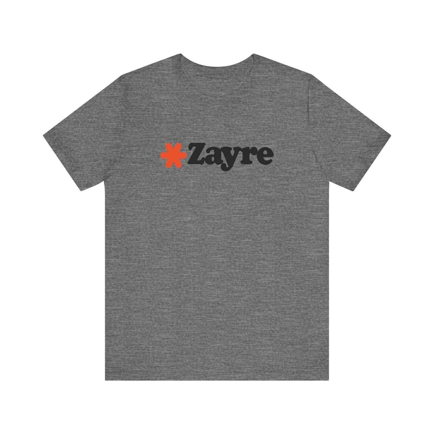 The Zayre Stores Logo - Retro 1980s Unisex Jersey Short Sleeve Tee by Printify features a gray design with the word "Zayre" printed in black letters and a red asterisk preceding the text. Reminiscent of retro fashion from the Zayre 1980s Retail Store, this shirt is displayed against a minimalistic white background and appears to be made of soft, comfortable fabric.