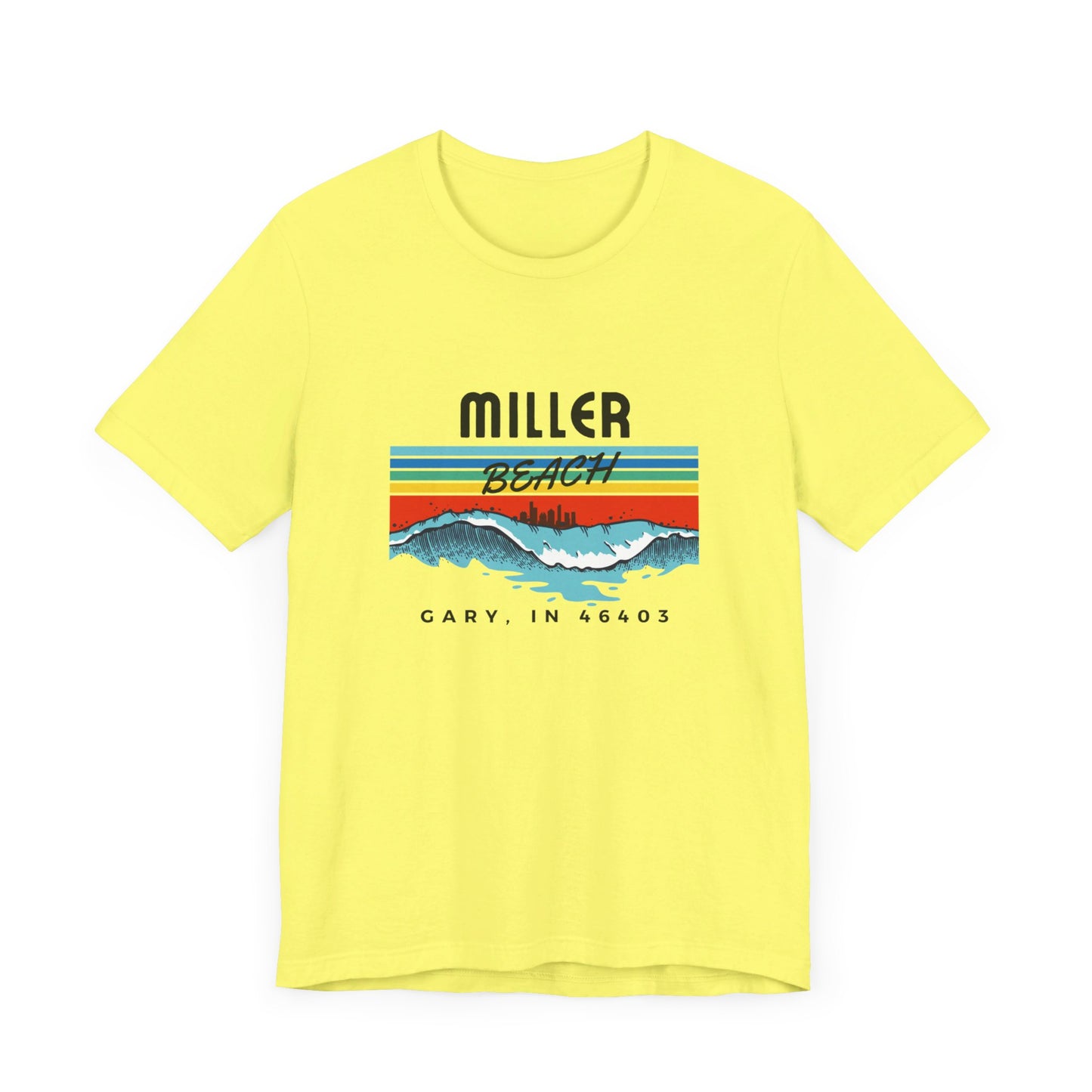 The Miller Beach 46403 Surf Style - Unisex Jersey Short Sleeve Tee by Printify features a retro surf-inspired design on a yellow background. The shirt displays "MILLER BEACH" above waves with a skyline illustration, while "Cary, IN 46403" is printed below the waves. The vibrant design also includes colorful stripes in shades of blue, red, and orange.