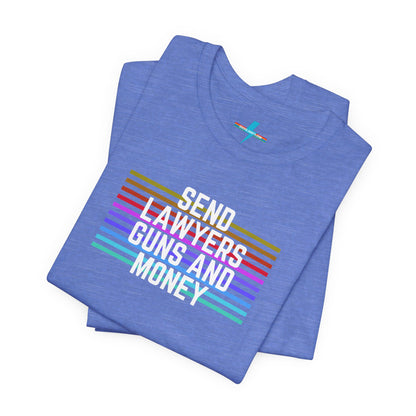 A folded Send Lawyers, Guns, and Money - Retro - Unisex Jersey Short Sleeve Tee by Printify, featuring colorful horizontal stripes and bold white text reading "SEND LAWYERS GUNS AND MONEY" in the center, as a classy tribute to Warren Zevon.