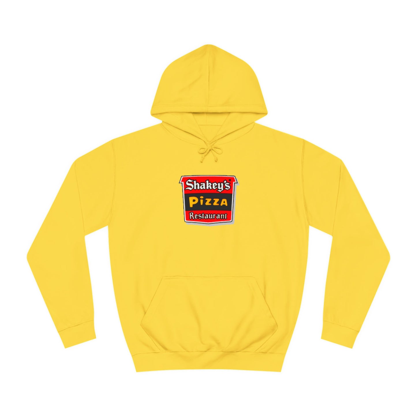 The Shakey's Pizza - 1980s Retro - Unisex Hoodie by Printify showcases a retro-style colorful logo on the front, highlighted with "Shakey's Pizza Restaurant" in bold white lettering against a striking red and black background, offering a vintage feel.