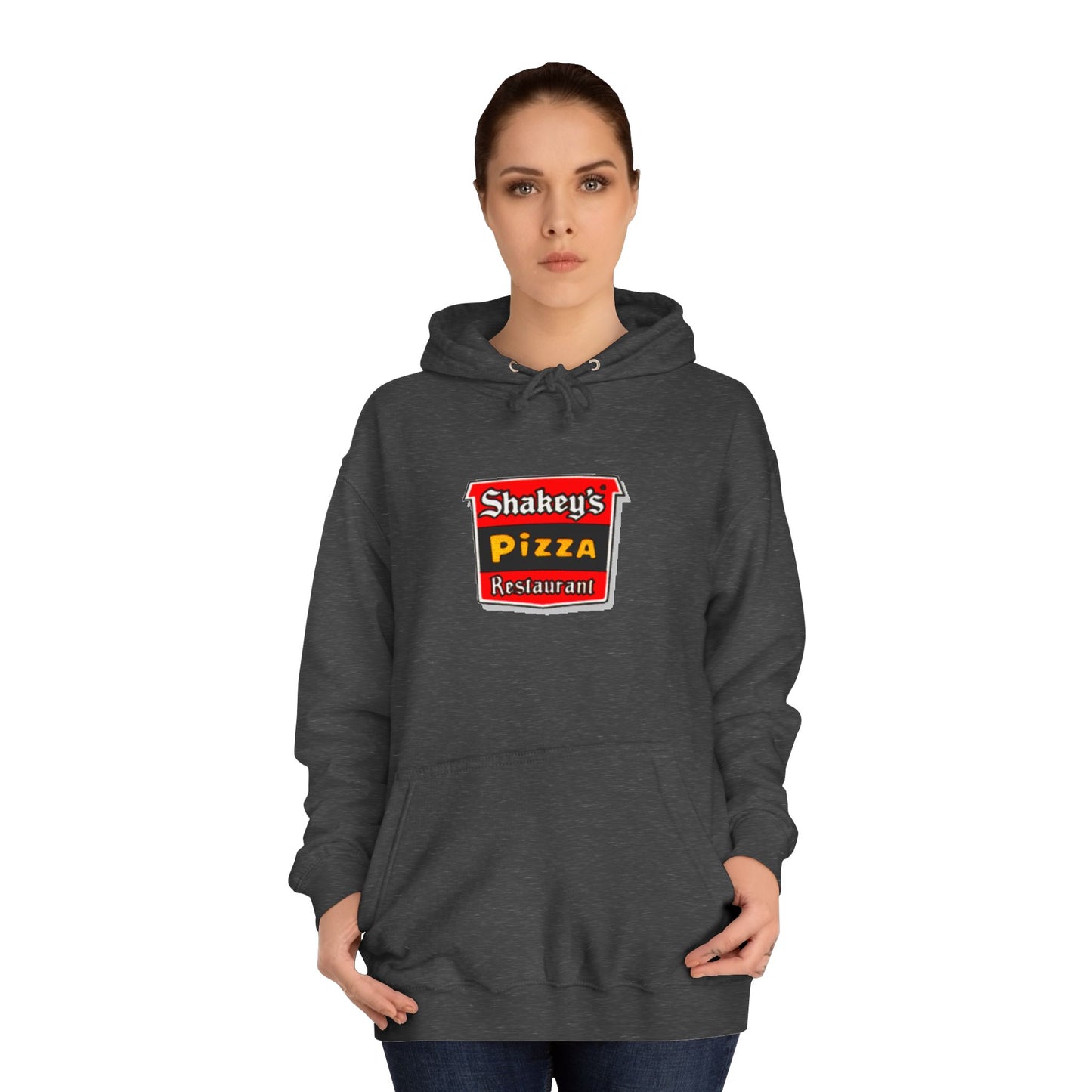 The Shakey's Pizza - 1980s Retro - Unisex Hoodie by Printify showcases a retro-style colorful logo on the front, highlighted with "Shakey's Pizza Restaurant" in bold white lettering against a striking red and black background, offering a vintage feel.