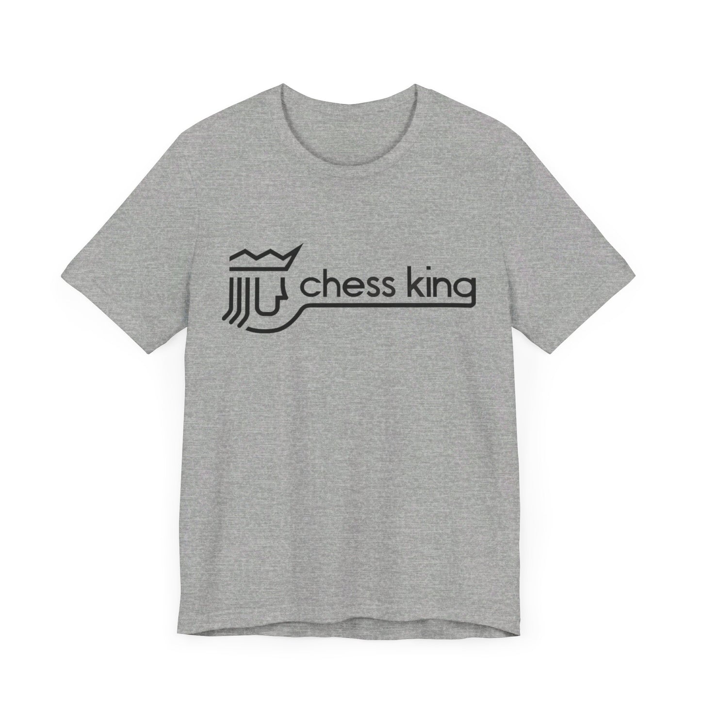 A unisex jersey short sleeve tee from Printify, featuring the Chess King 1980's Clothing Store Logo with a black, stylized king chess piece and the words "Chess King" on a blue background, reminiscent of retro 80s fashion.