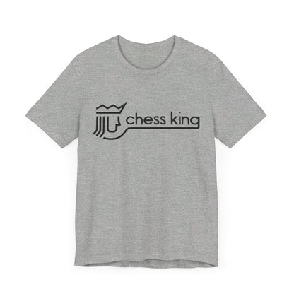 A unisex jersey short sleeve tee from Printify, featuring the Chess King 1980's Clothing Store Logo with a black, stylized king chess piece and the words "Chess King" on a blue background, reminiscent of retro 80s fashion.