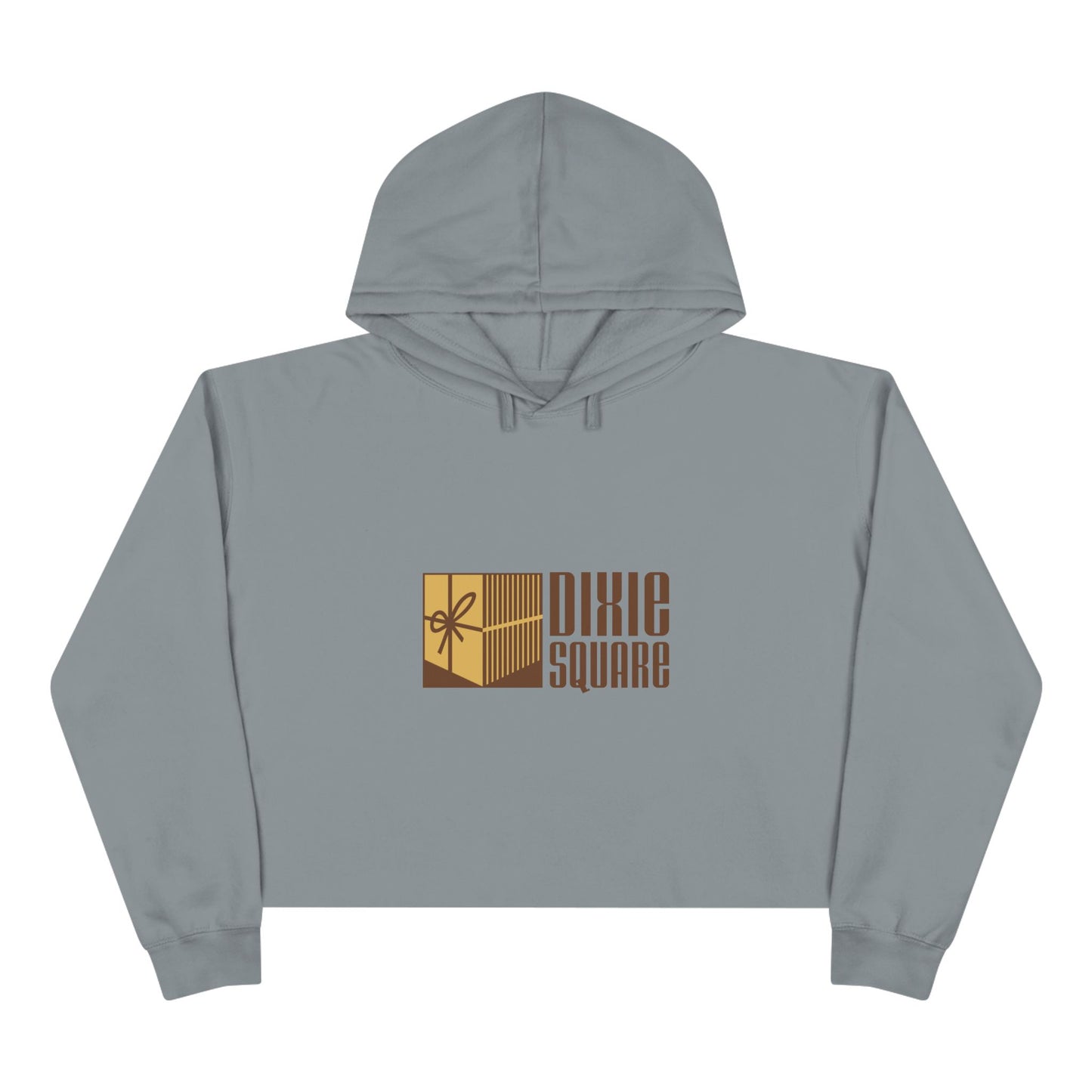 Pink cropped hoodie from Printify, showcasing a yellow and brown "Dixie Square" logo with a ribbon design on the front, reminiscent of the iconic Dixie Square Mall in Harvey, IL from the Blues Brothers era.