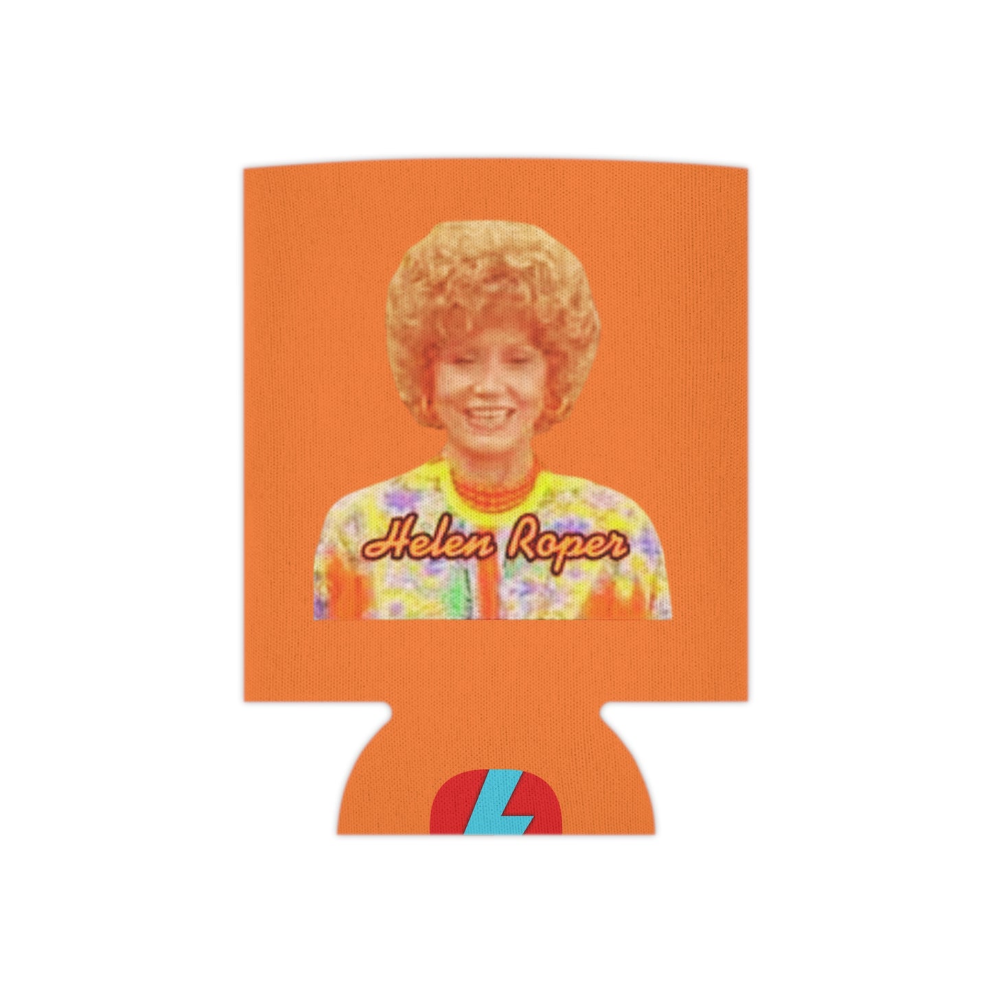 The Mrs. Roper - Three's Company - Koozie from Printify showcases a vibrant, retro-styled illustration of a woman with curly hair wearing a colorful patterned top. The name "Helen Roper" is prominently displayed on it. This can koozie exudes 1970s flair with its predominant orange color and features a small red and blue lightning bolt symbol at the bottom.