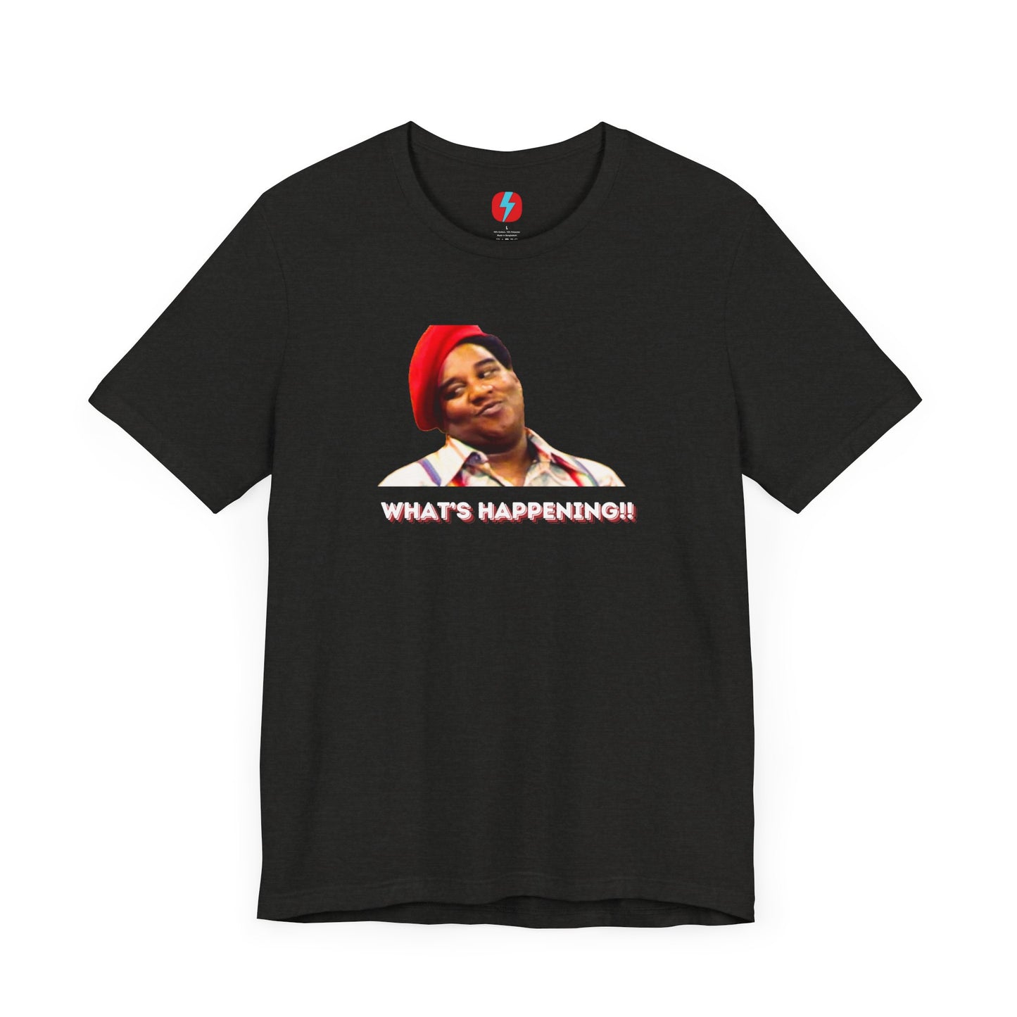 The Rerun - Fred Berry - What's Happening T-Shirt from Printify, a Retro 1980s Unisex Jersey Short Sleeve Tee, features an illustration of a person in a red cap and suspenders with the caption "WHAT'S HAPPENING!!" in white text below. This unique shirt is sure to make a statement!