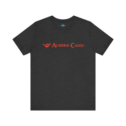 Introducing the Aladdin's Castle Arcade 1980s Unisex Jersey Short Sleeve Tee by Printify. This dark grey heather T-shirt features "ALADDIN'S CASTLE" emblazoned in bright red font across the chest, with a small silhouette of Aladdin's magic lamp to the left of the text. Perfect for fans of retro design or Aladdin’s Castle Arcade, and available exclusively from SoCool Shirts.