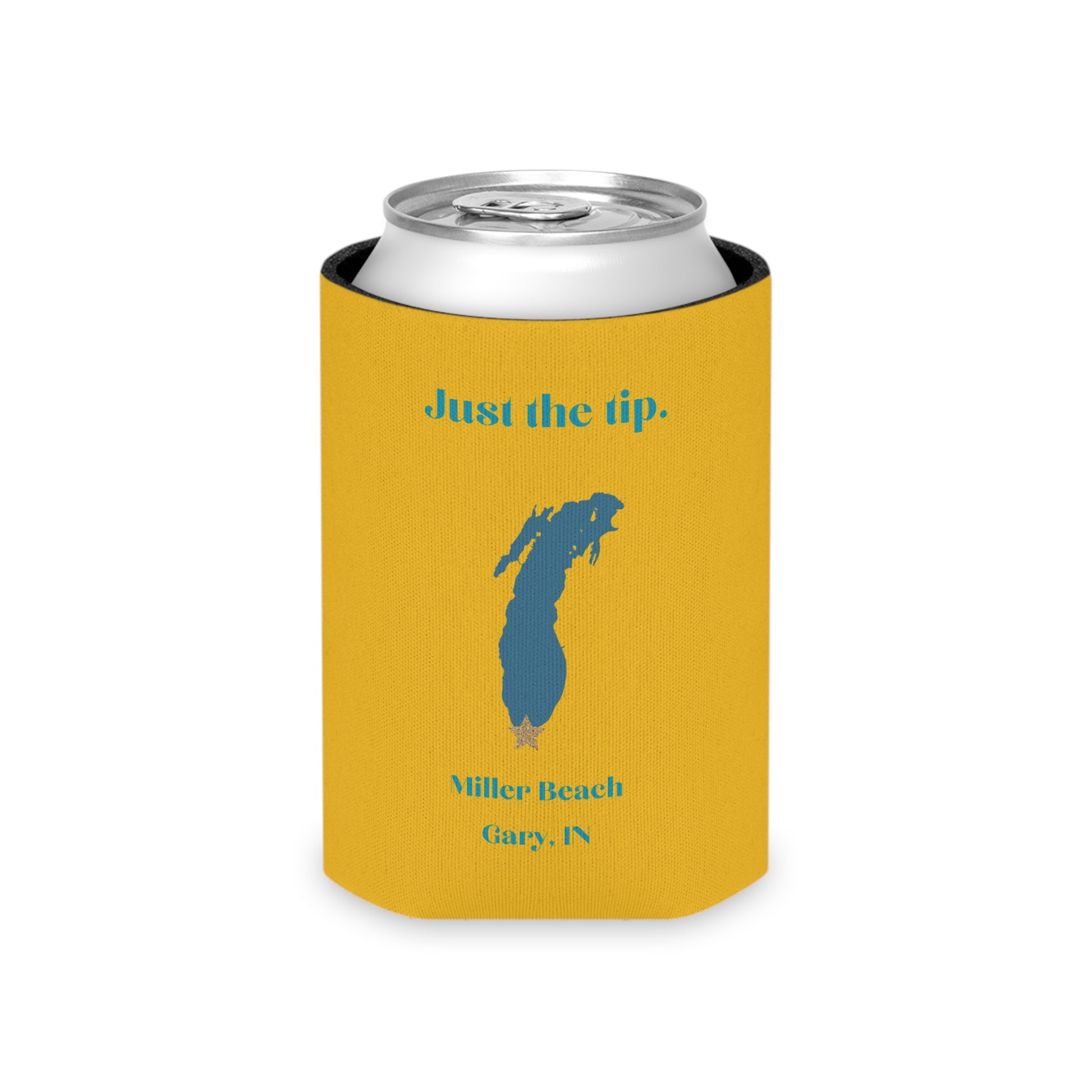 A yellow Printify "Just the Tip - Miller Beach Koozie" featuring blue text and a graphic. The fun design includes "Just the tip" at the top, a blue silhouette of Indiana with a small gold star near the top, and "Miller Beach, Gary, IN" underneath. The bottom showcases the website "socoolshirts.com.