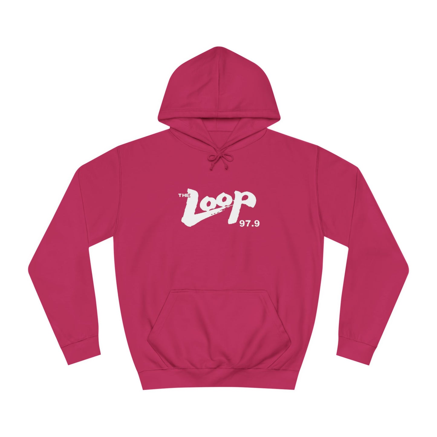 The Loop 97.9 Chicago Radio 1980s Hoodie by Printify showcases "The Loop 97.9" in striking white letters along with the iconic logo on the front. This essential piece for fans of the legendary Chicago rock radio station also features a handy front pocket and a drawstring hood.