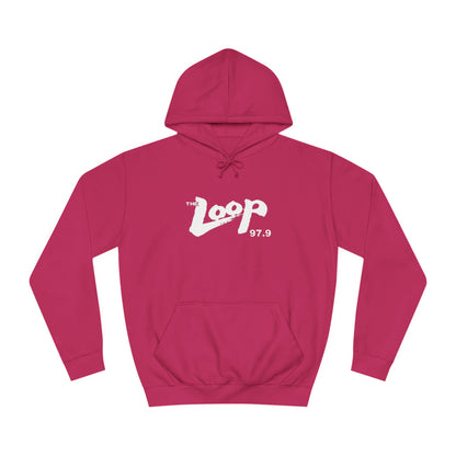 The Loop 97.9 Chicago Radio 1980s Hoodie by Printify showcases "The Loop 97.9" in striking white letters along with the iconic logo on the front. This essential piece for fans of the legendary Chicago rock radio station also features a handy front pocket and a drawstring hood.