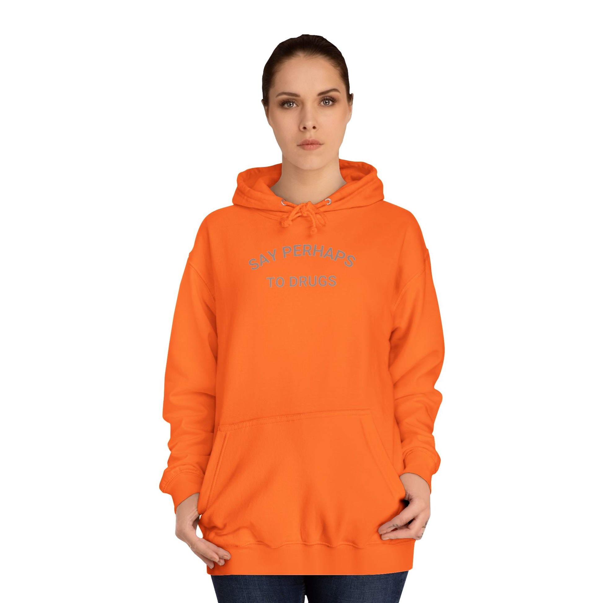 The "Say Perhaps to Drugs - Unisex College Hoodie" by Printify is a maroon hoodie made from soft Airlume cotton. It showcases the phrase "SAY PERHAPS TO DRUGS" in gray across the chest, and features a collegiate design with a front pocket and drawstring hood for enhanced comfort and style.