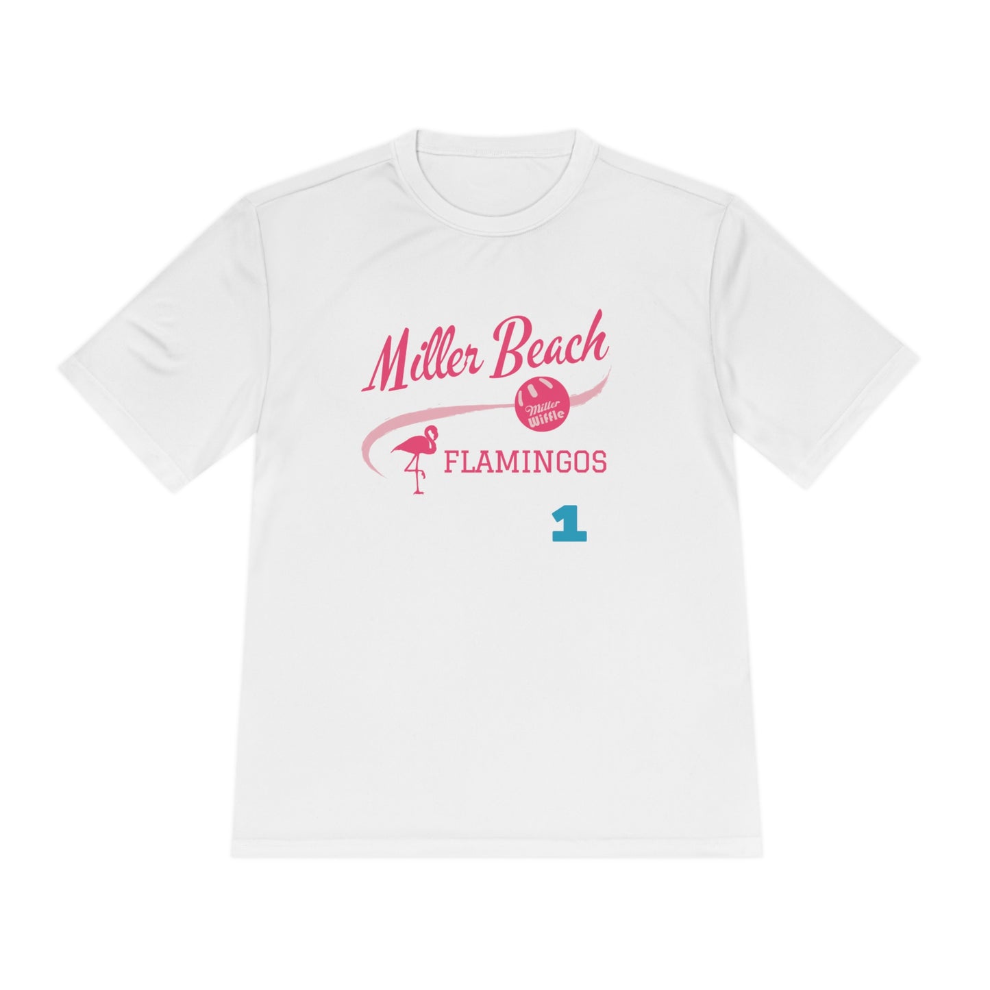 Introducing the "Miller Beach Flamingos - Jackson 01" Unisex Moisture Wicking Tee by Printify. This beige T-shirt showcases "Miller Beach" in a pink cursive font accompanied by a small pink flamingo illustration. Below, "FLAMINGOS" is displayed in bold pink capital letters, with a blue "01" on the bottom right corner. As part of the Sport-Tek PosiCharge Competitor collection, this lightweight shirt provides superior moisture-wicking performance.