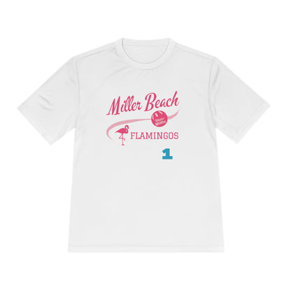 Introducing the "Miller Beach Flamingos - Jackson 01" Unisex Moisture Wicking Tee by Printify. This beige T-shirt showcases "Miller Beach" in a pink cursive font accompanied by a small pink flamingo illustration. Below, "FLAMINGOS" is displayed in bold pink capital letters, with a blue "01" on the bottom right corner. As part of the Sport-Tek PosiCharge Competitor collection, this lightweight shirt provides superior moisture-wicking performance.