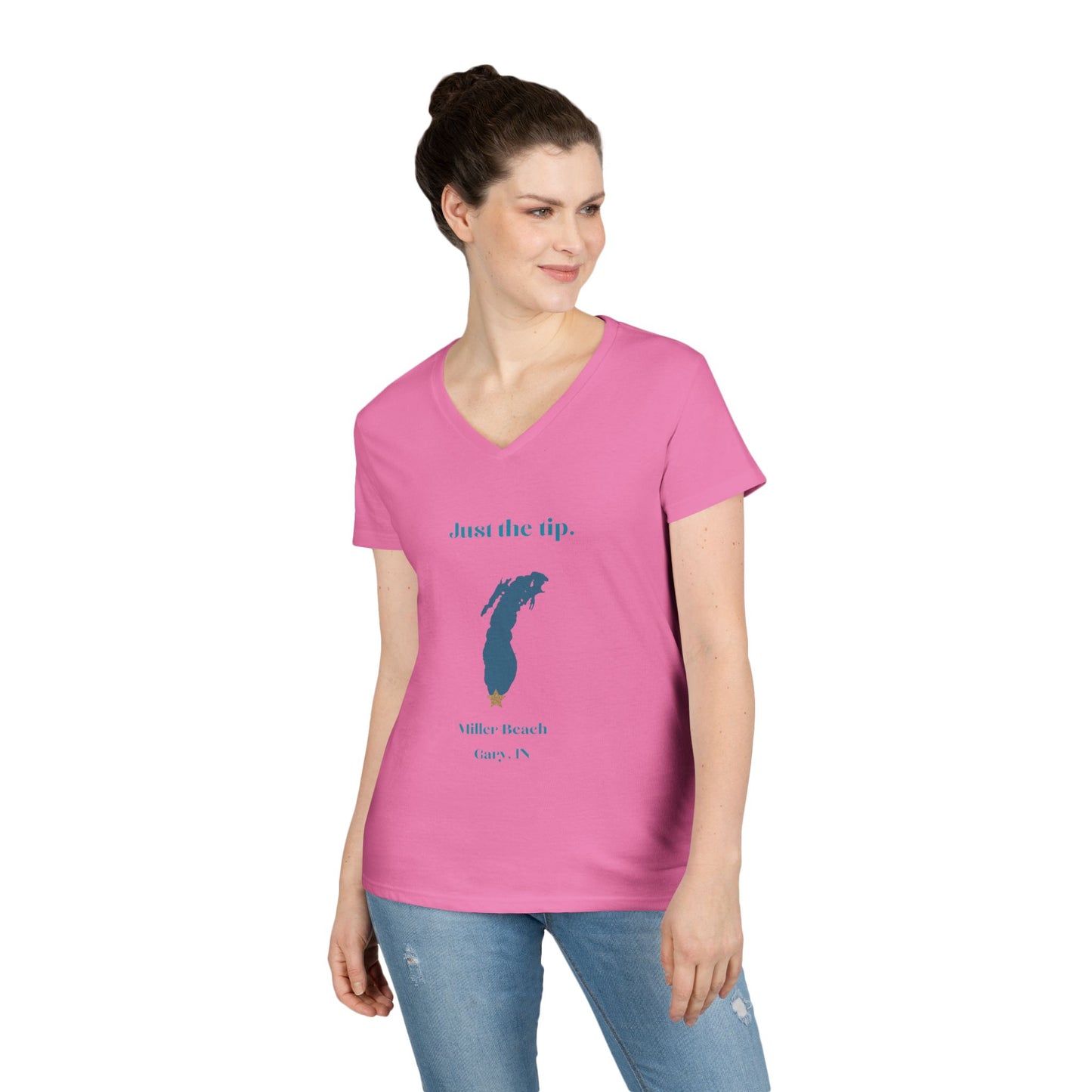 The Just the Tip - Miller Beach Ladies' V-Neck T-Shirt by Printify is a coral-colored top made from soft tri-blend fabric. It showcases a graphic of Lake Michigan accompanied by the playful text "Just the tip," along with "Miller Beach, Gary, IN" displayed below.