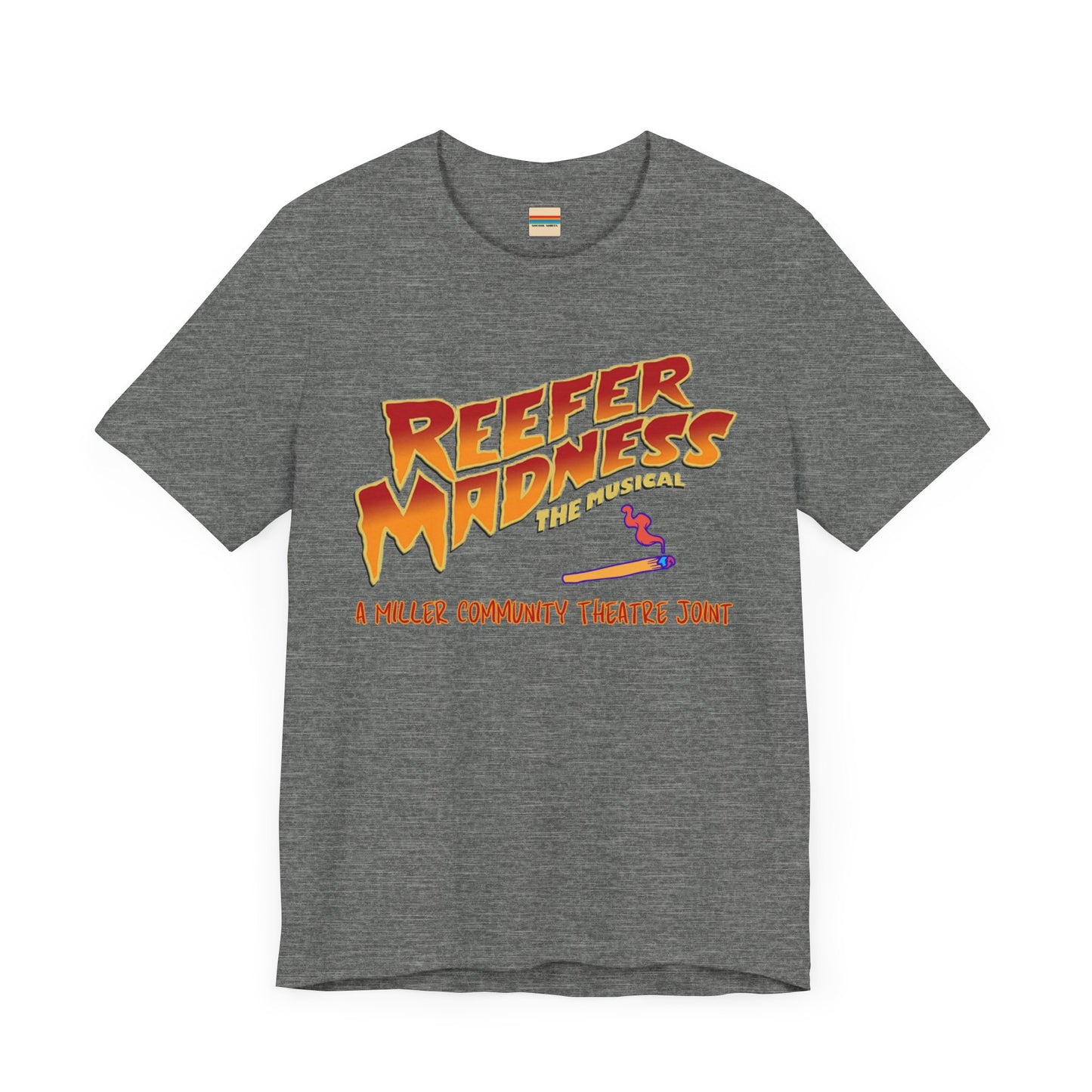 The Miller Community Theatre - Reefer Madness Cast and Crew Shirt by Printify showcases a vibrant design featuring bold, colorful text that reads "Reefer Madness The Musical" with a cartoon joint illustration. Below the main text, "A Miller Community Theatre Joint" is highlighted in red. This limited-edition green t-shirt, with its centered design, is perfect for cast and crew members.